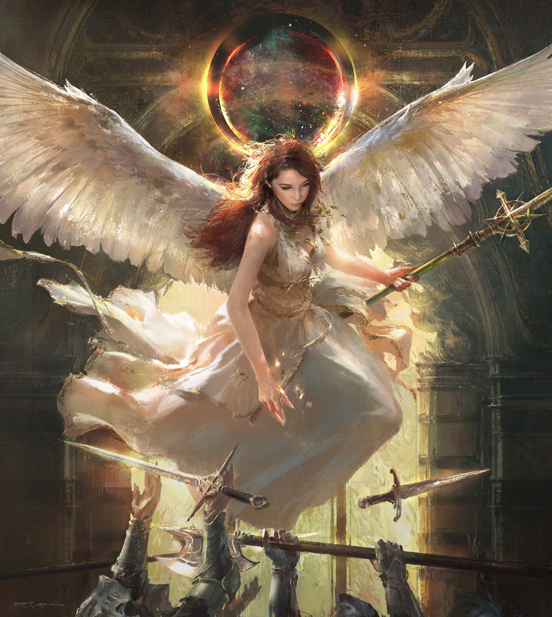artwork, staff, women, angel, fantasy art, long hair, Mazert Young, fantasy girl, ArtStation, wings, redhead, 1080P, sword, Phone HD Wallpaper
