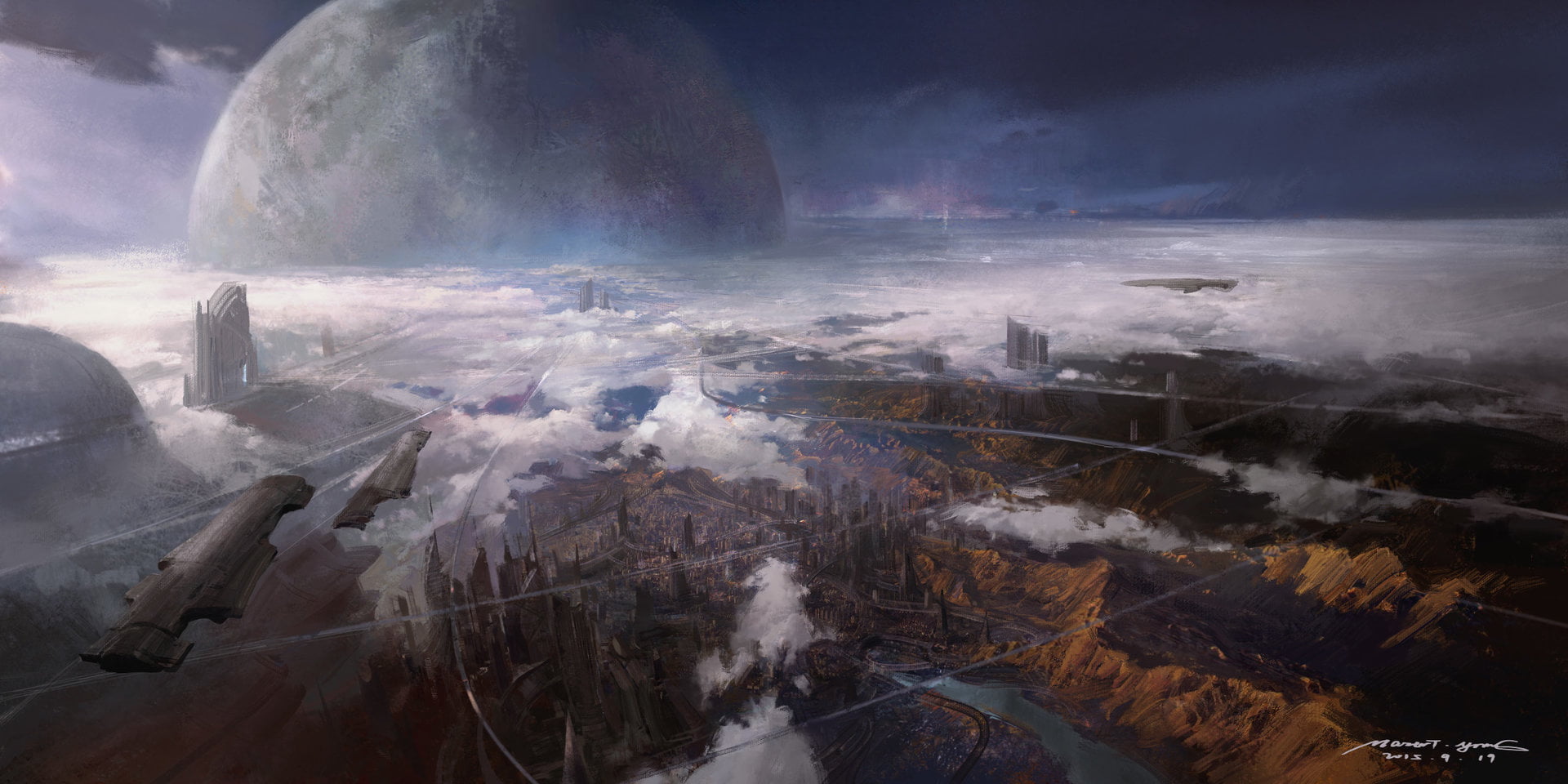 ArtStation, science fiction, clouds, 1080P, artwork, futuristic, planet, landscape, aerial view, Mazert Young, futuristic city, sky, HD Wallpaper