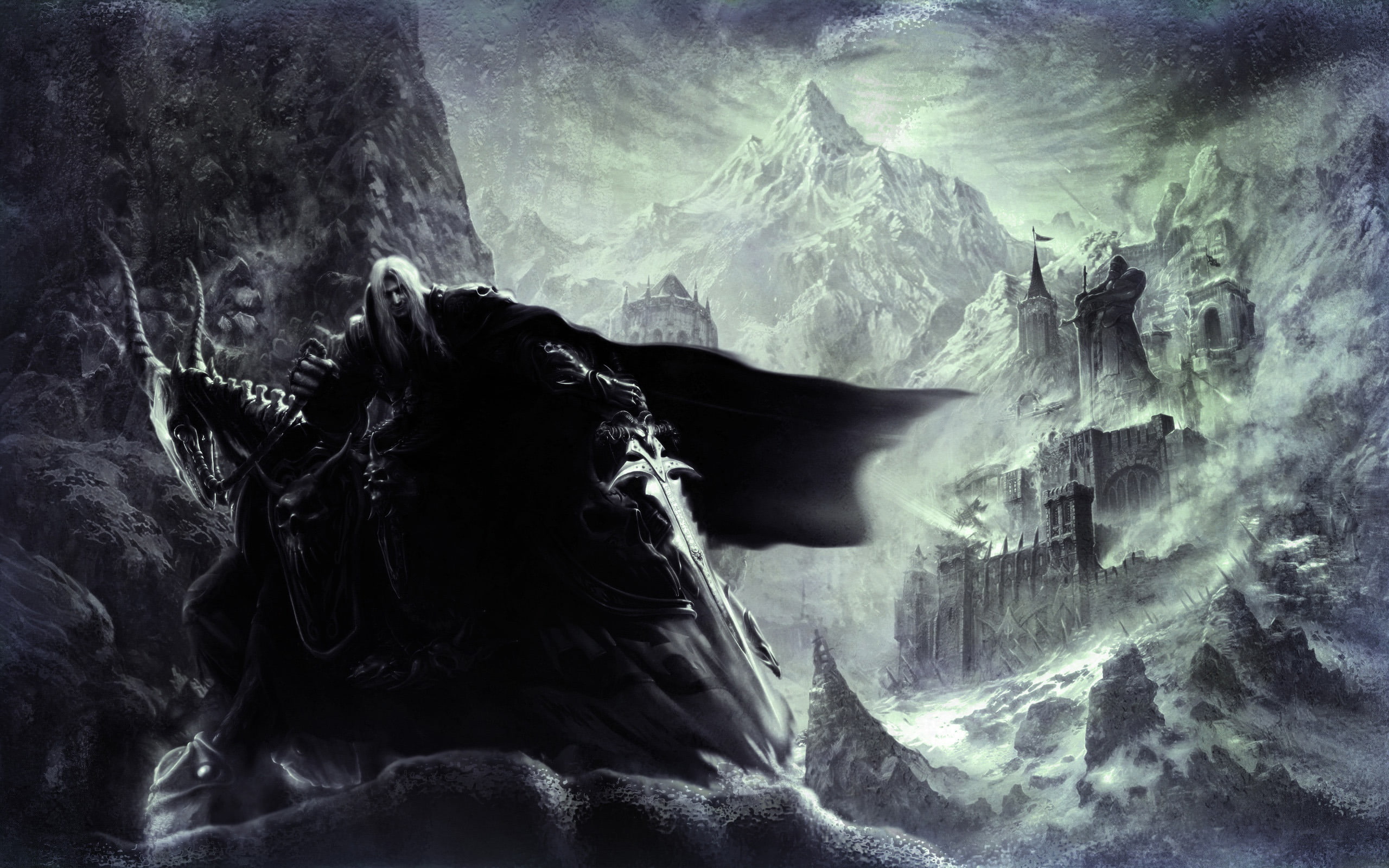 cloak, bone, sword, warcraft 3, 2K, statue, castle, snow, Artes, goat, mountains, HD Wallpaper