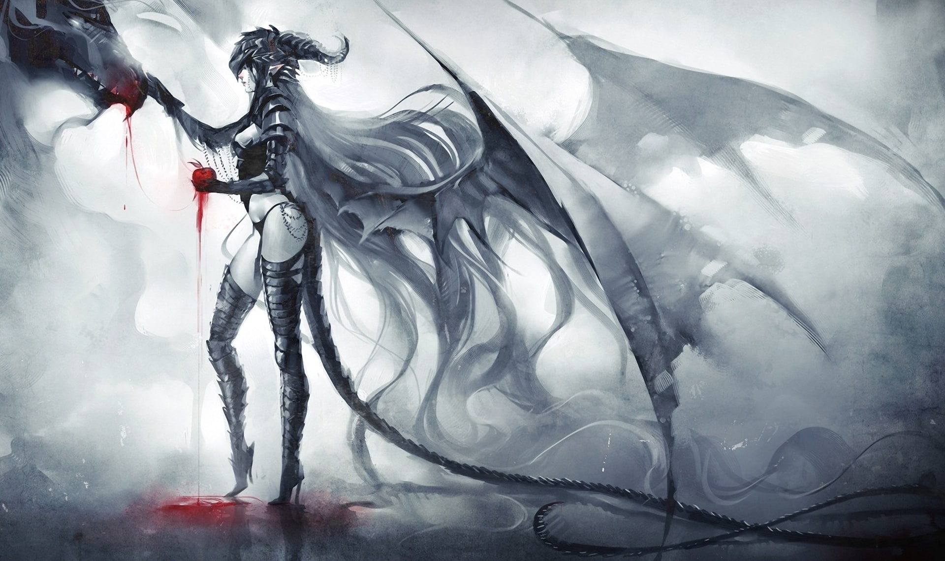 girl, monsters, wings, lady, fantasy, tail, dark, leggings, 1080P, dragon, mist, blood, HD Wallpaper