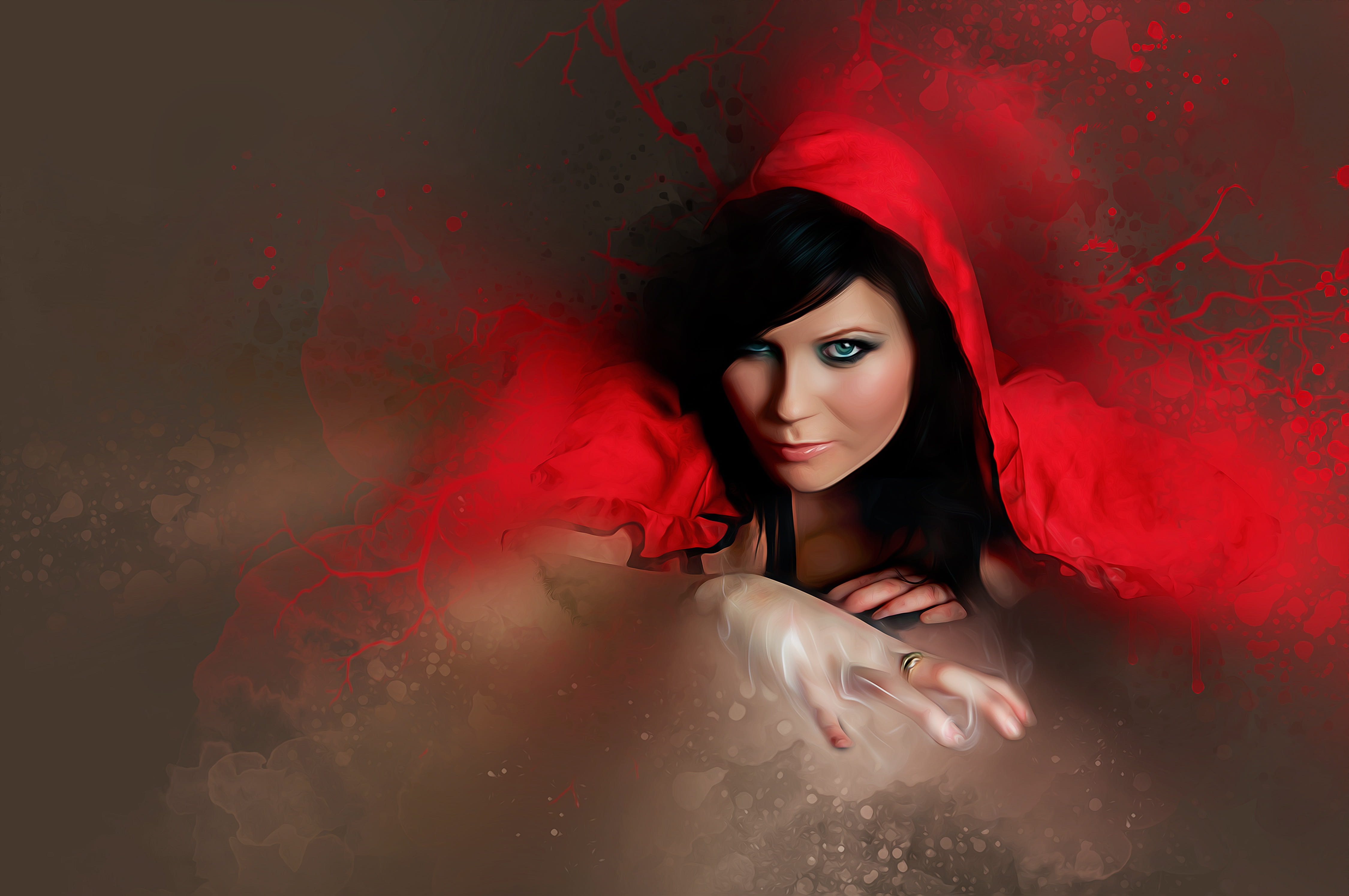 gothic, hood, human body part, make-up, one person, red, adult, lady, hairstyle, witch, fantasy, mysterious, hair, digital composite, body part, young adult, HD Wallpaper