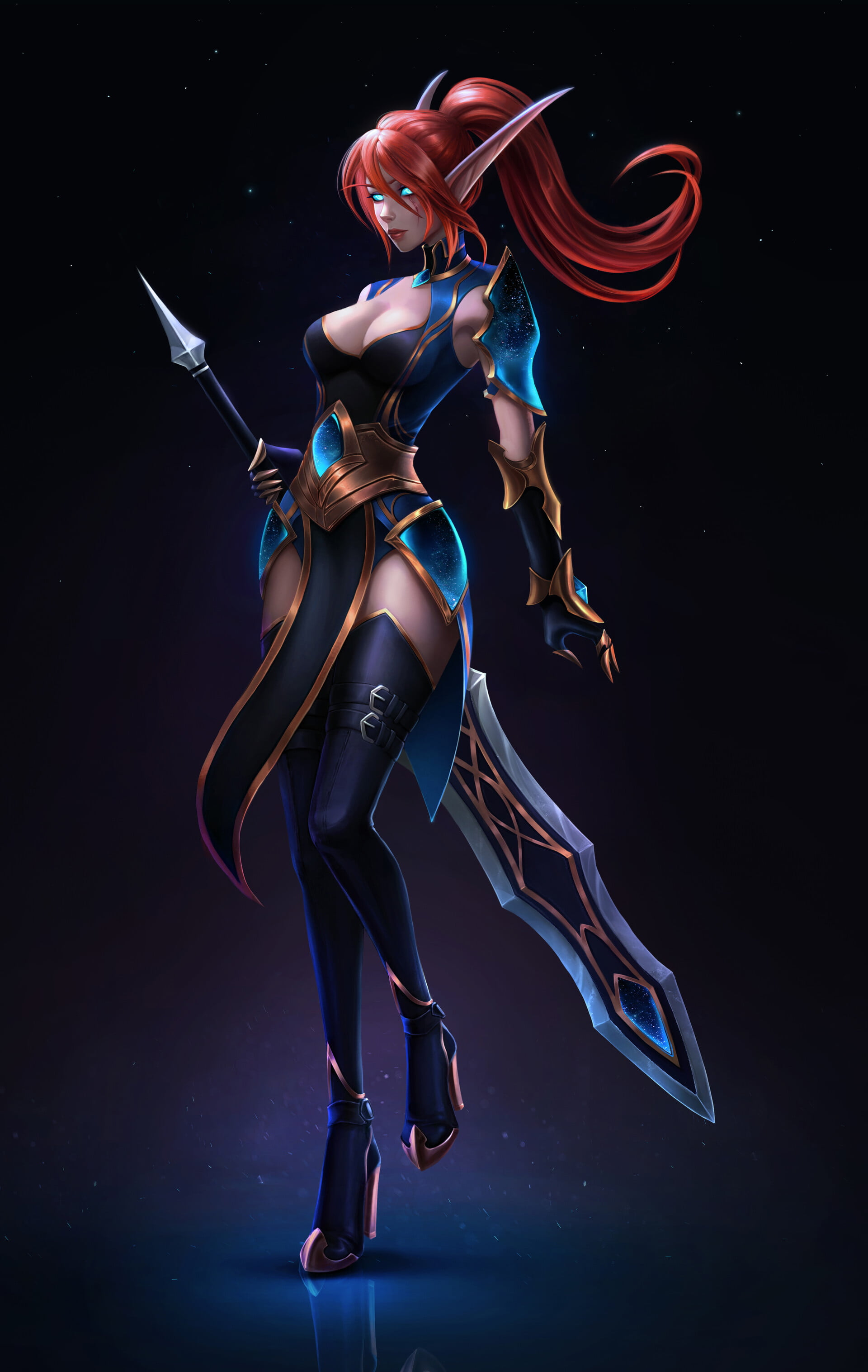 fantasy girl, digital art, Alisa Nilsen, artwork, Scar on Eye, redhead, fan art, women, illustration, World of Warcraft, elf ears, sword, 2K, blue eyes, Phone HD Wallpaper