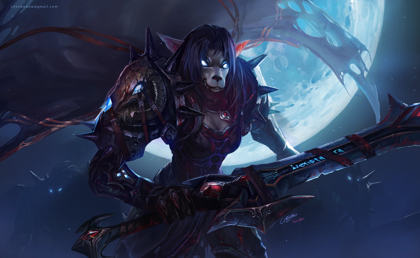 720P, coats, armor, glowing eyes, fantasy art, long hair, moonlight, blue eyes, World of Warcraft, weapon, cleavage, Moon, blue hair, pointy ears, Chenbo, HD Wallpaper