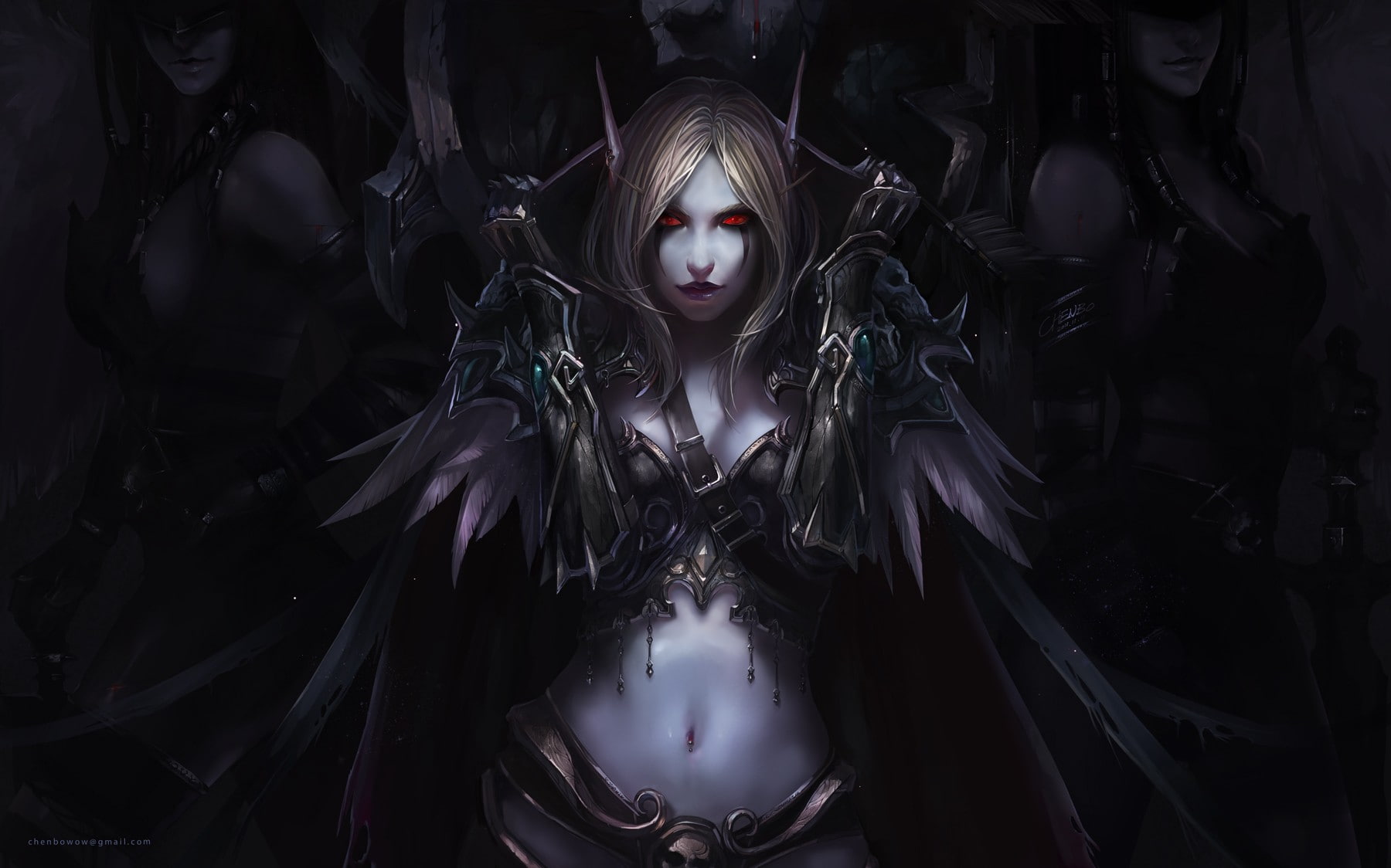 720P, windrunner, chenbo, hd, x, games, art, fantasy art, long, eyes, sylvanas, armor, fantasy, red, ears, abstract, artwork, HD Wallpaper