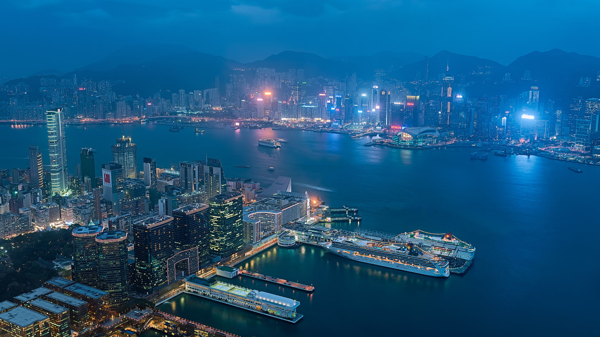 building, building exterior, office building exterior, transportation, water, no people, outdoors, 1080P, night, 3,316 16:9 Aspect Ratio s (SFW), high angle view, HD Wallpaper