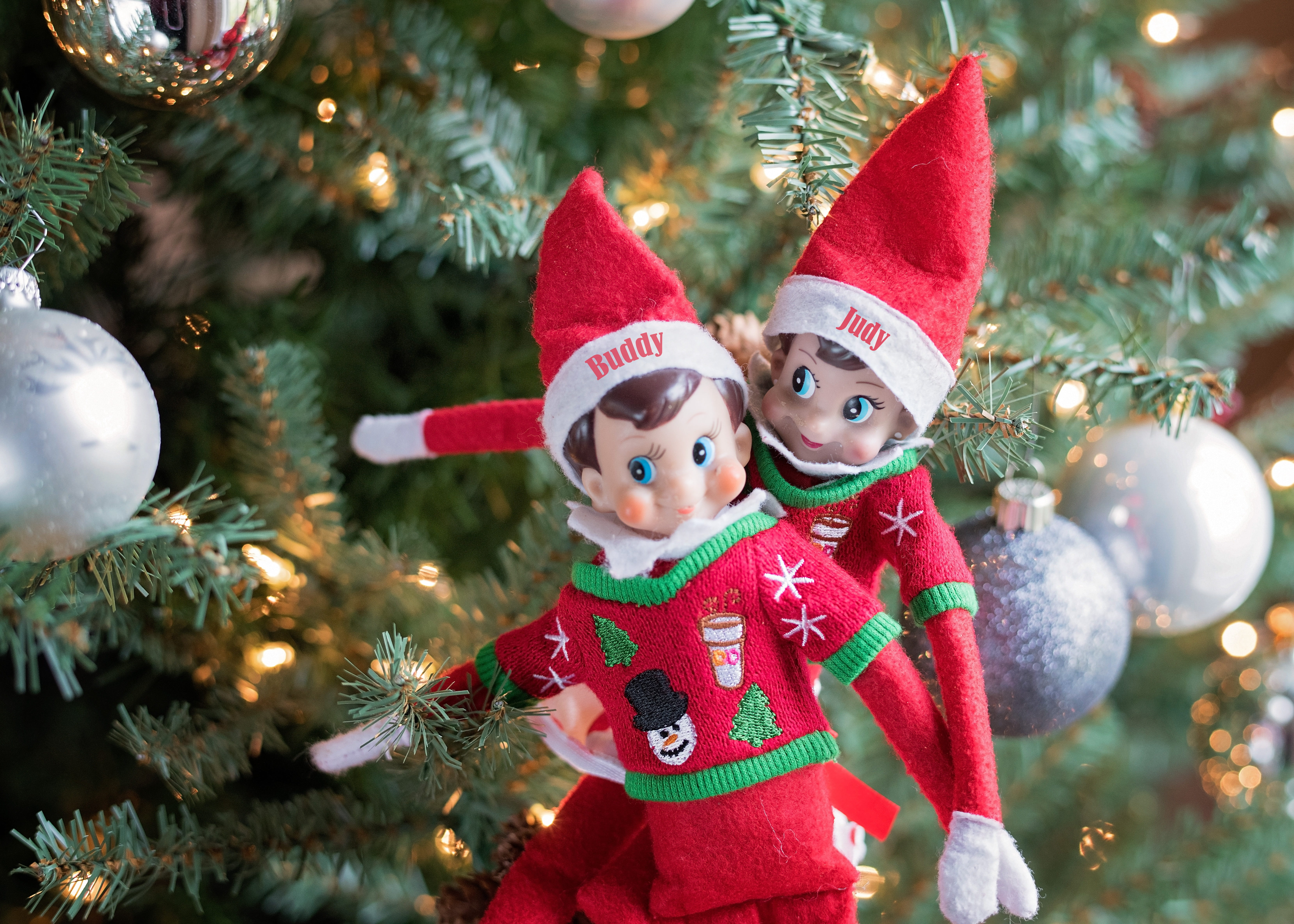 photo, elf on a shelf, selective, tree, baubles, celebration, christmas, red, christmas decoration, decoration, holiday, plant, silver, christmas tree, HD Wallpaper