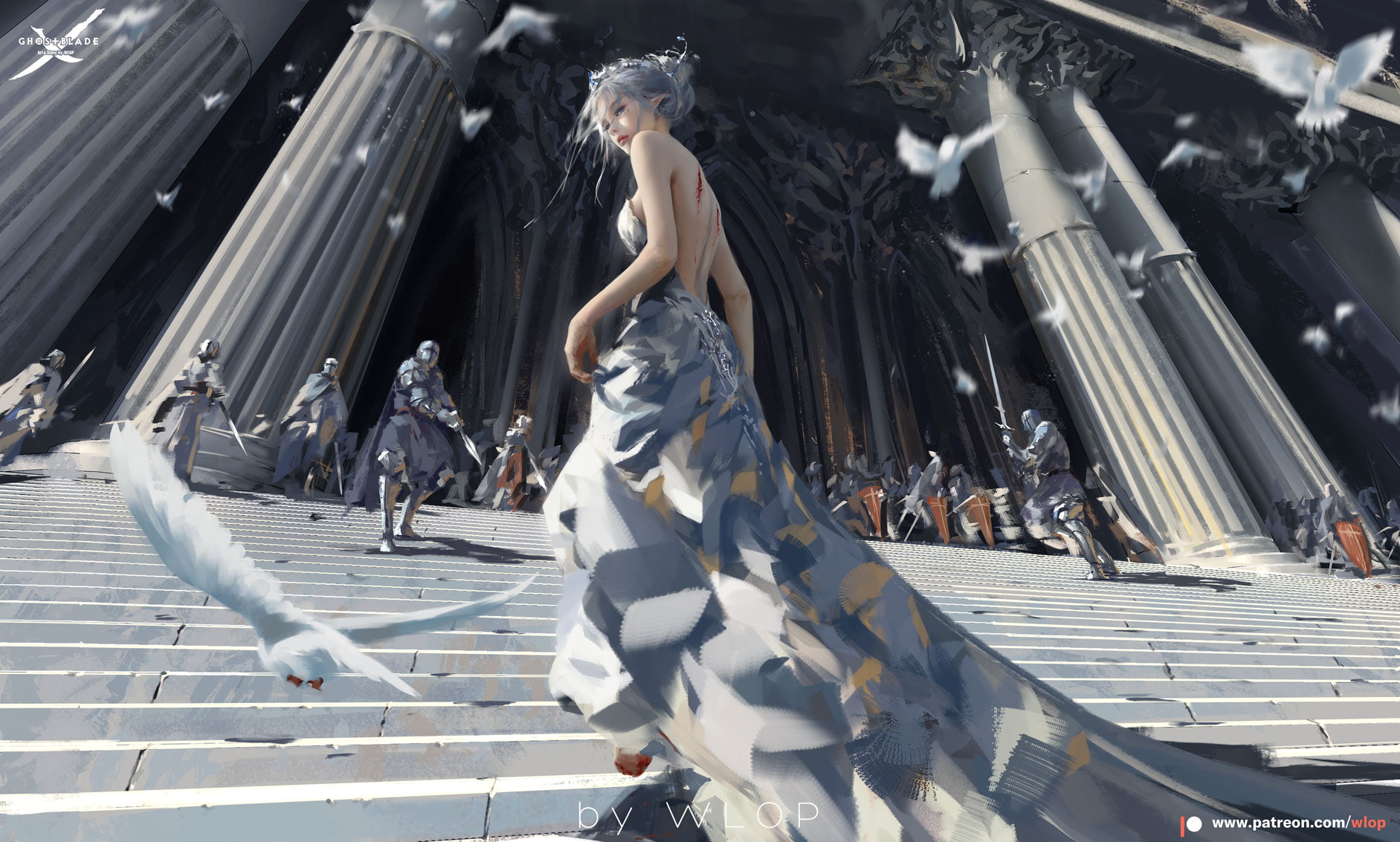 WLOP, dress, white hair, 720P, anime girls, HD Wallpaper