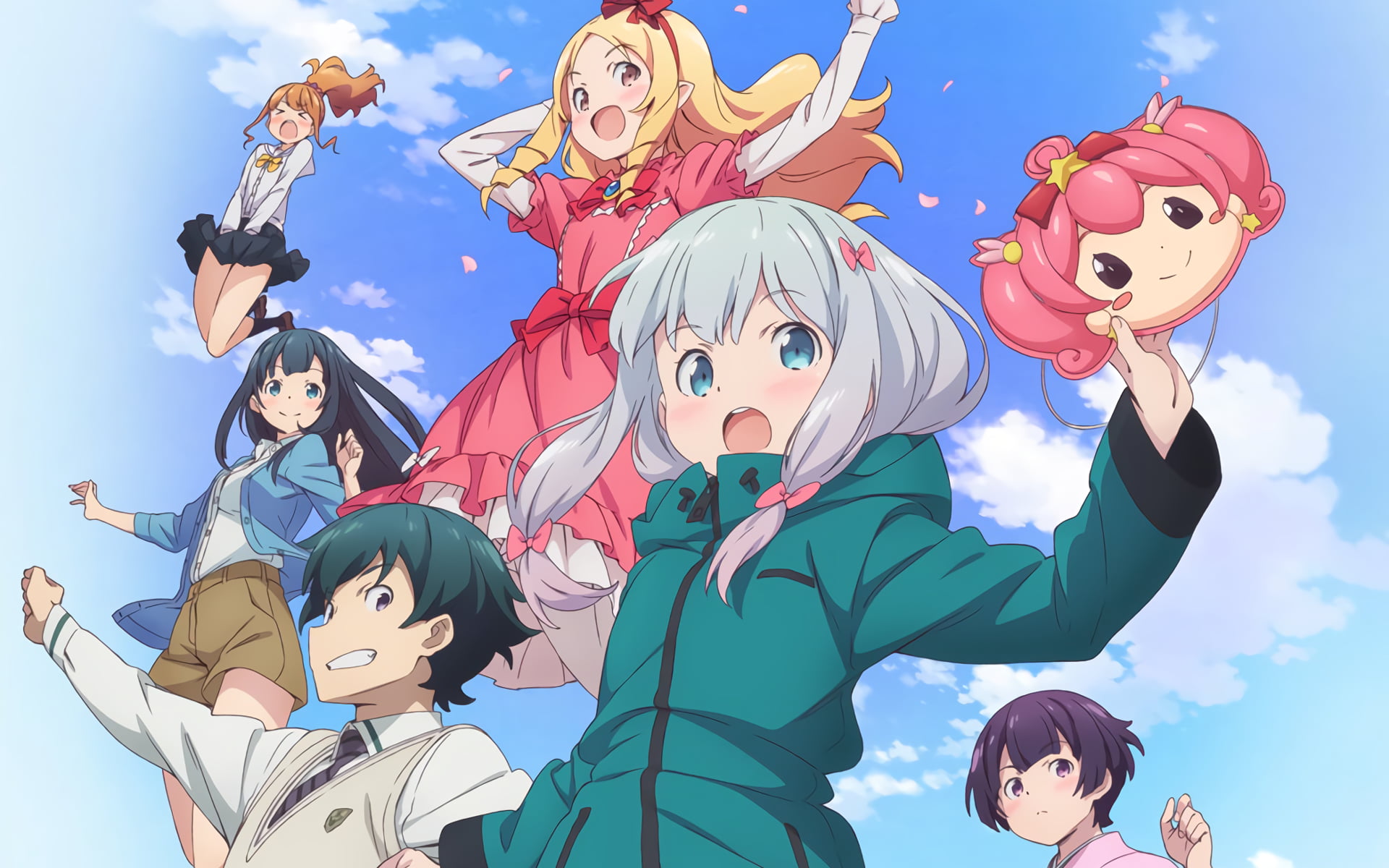 Takasago Tomoe, creativity, costume, Eromanga-sensei, 1080P, Senju Muramasa, togetherness, outdoors, day, girls, child, Elf Yamada, cloud - sky, Izumi Sagiri, HD Wallpaper