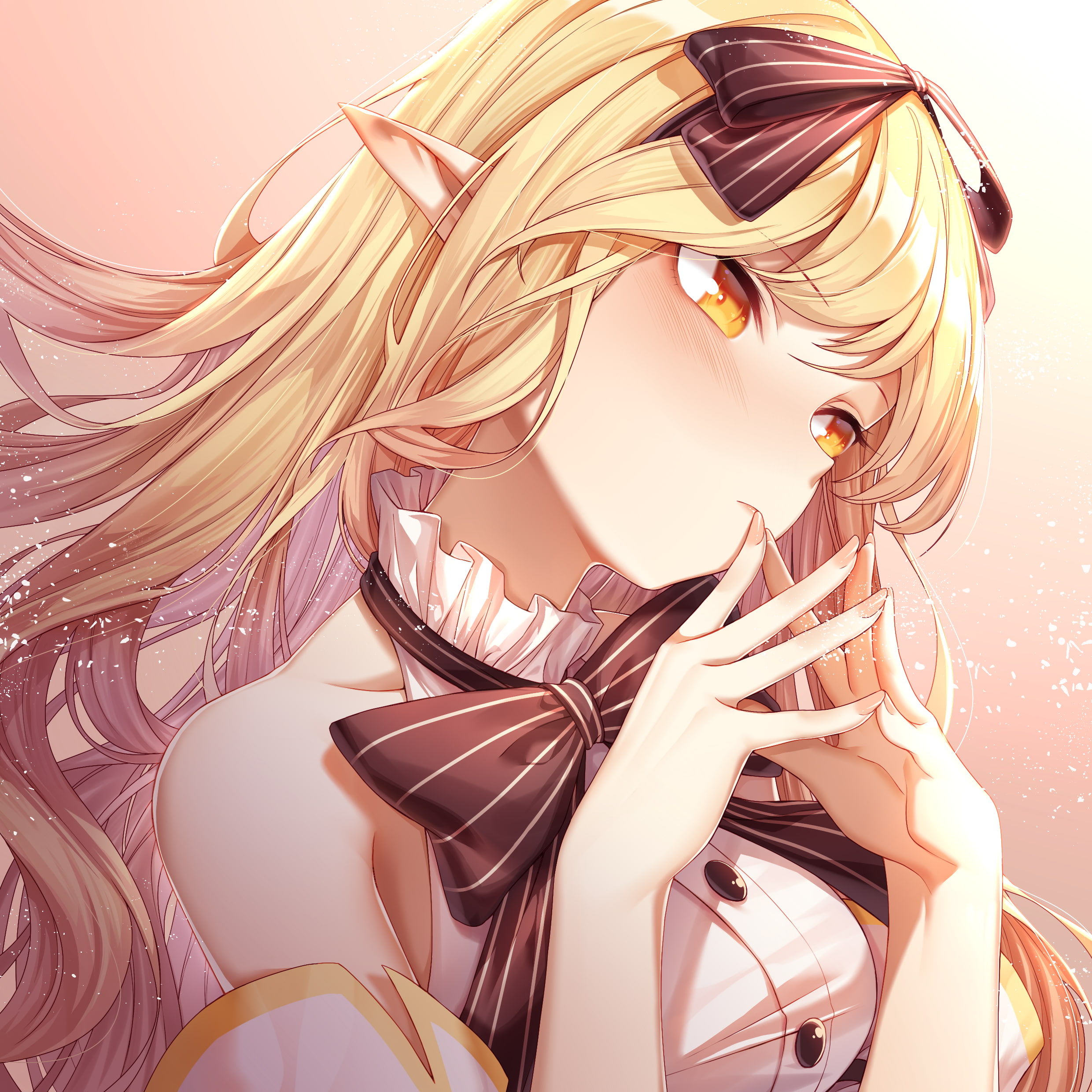 blond hair, ribbons, young women, beauty, adult, Anime, portrait, blonde, females, hairstyle, lifestyles, 1080P, indoors, fashion, looking at camera, elf ears, Phone HD Wallpaper