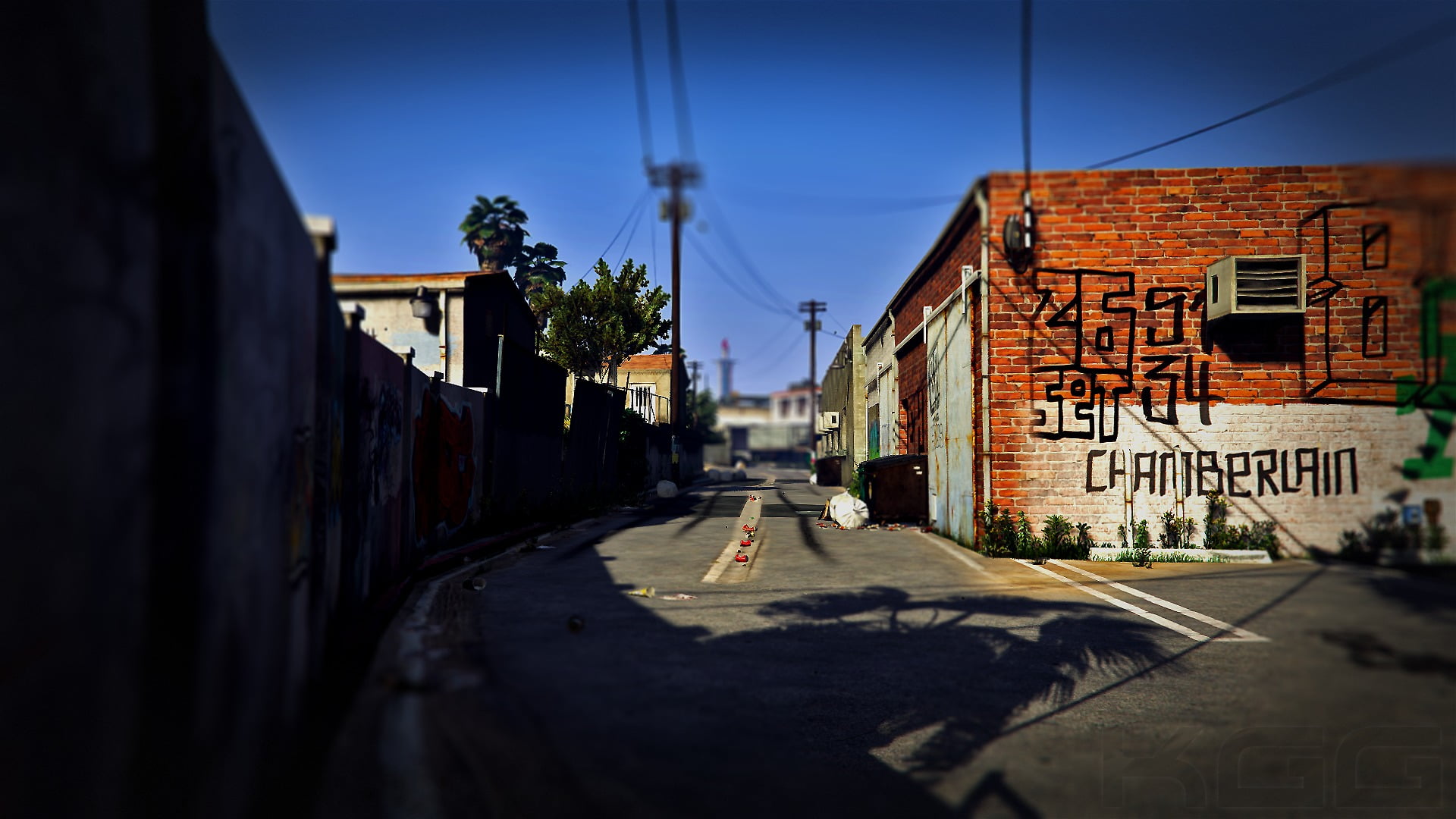 symbol, sunlight, alley, 1080P, screen shot, bricked, shadow, the way forward, residential district, no people, nature, video games, sign, photography, HD Wallpaper