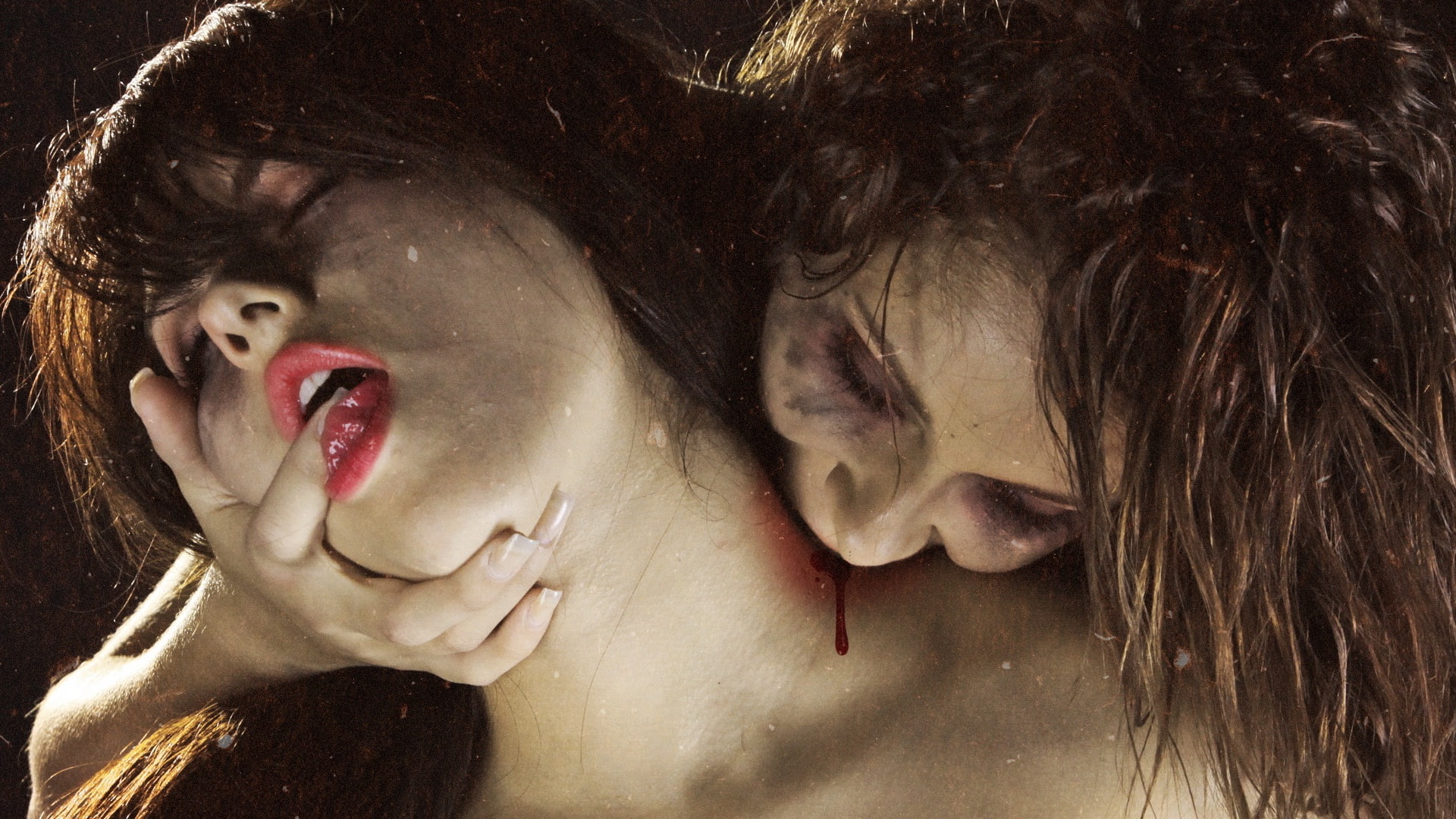 macabre, face, horror, 1080P, vamp, fantasy, blood, vampires, lips, evil, art, babes, women, dark, kiss, HD Wallpaper
