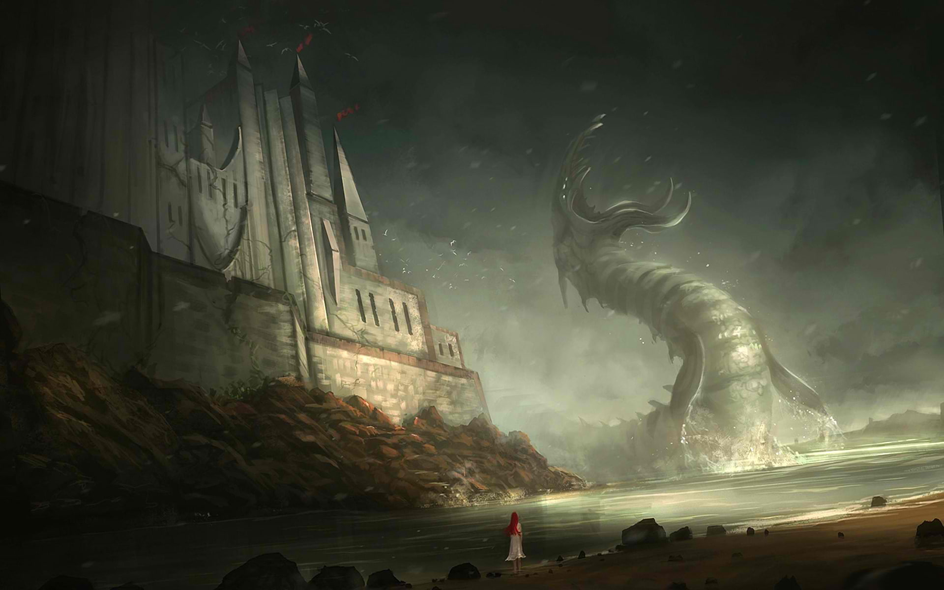 shore, giant, girl, 1080P, castle, redhead, hd, beach, fantasy, monster, drawing, HD Wallpaper