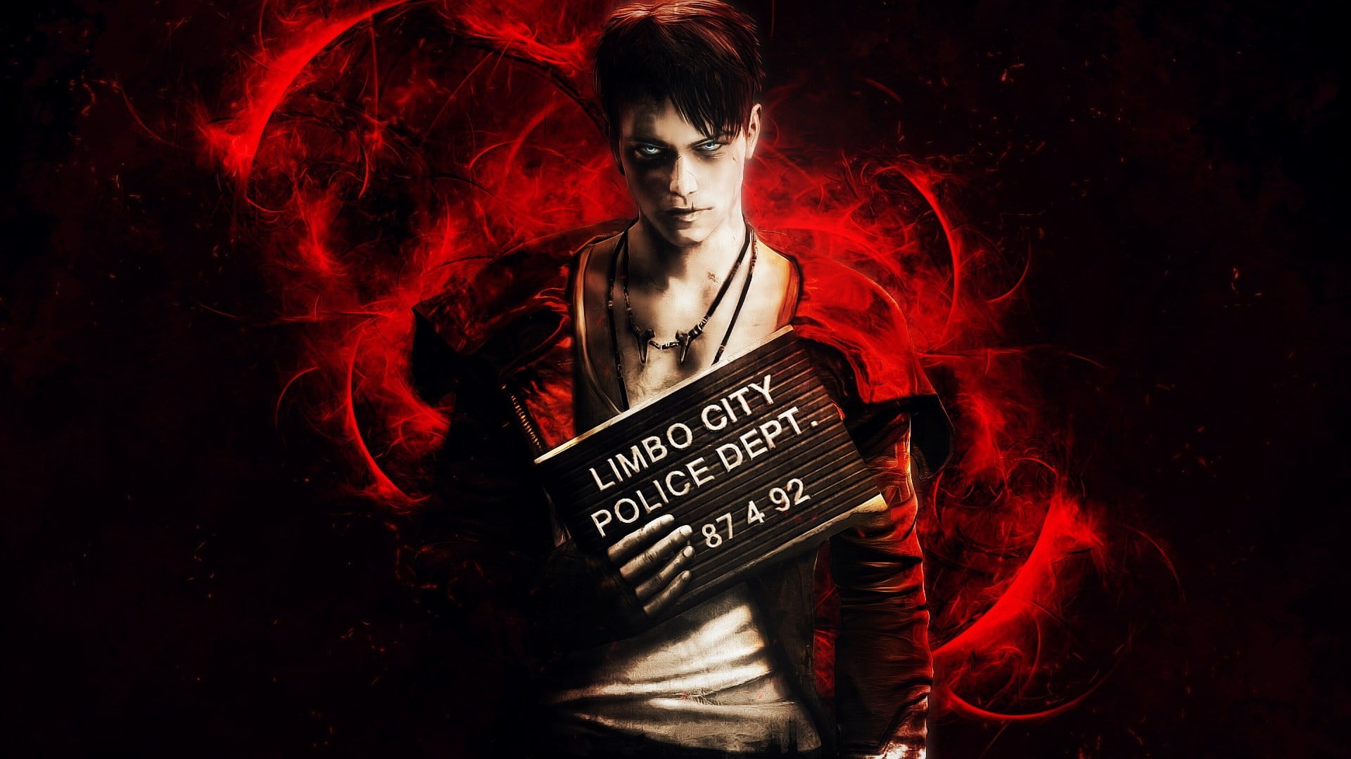 dark, men, horror, sign, s, fashion, Devil May Cry, black, Dante, looking at camera, 1080P, hair, hairstyle, indoors, demon, video games, black background, HD Wallpaper