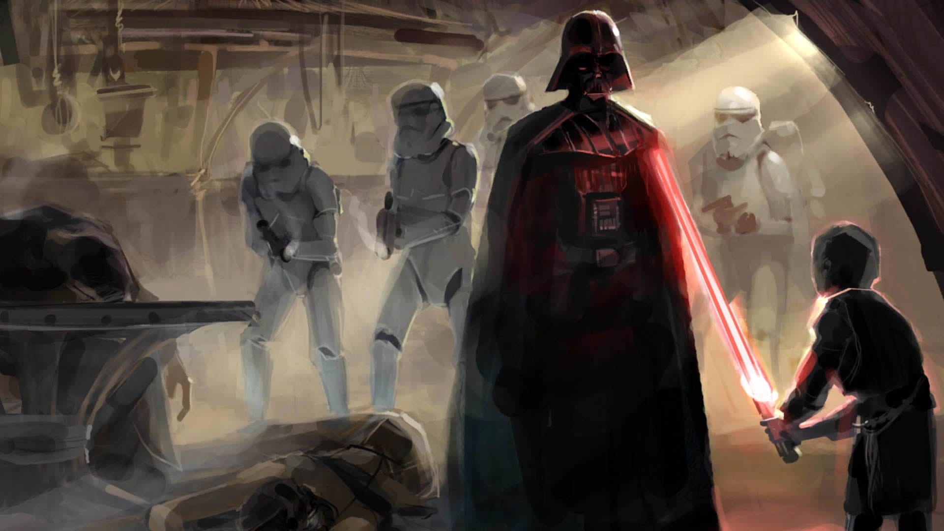clothing, land vehicle, Darth Vader, motion, adult, stormtrooper, group, art, Star Wars, uniform, indoors, transportation, rear view, men, security, standing, HD Wallpaper