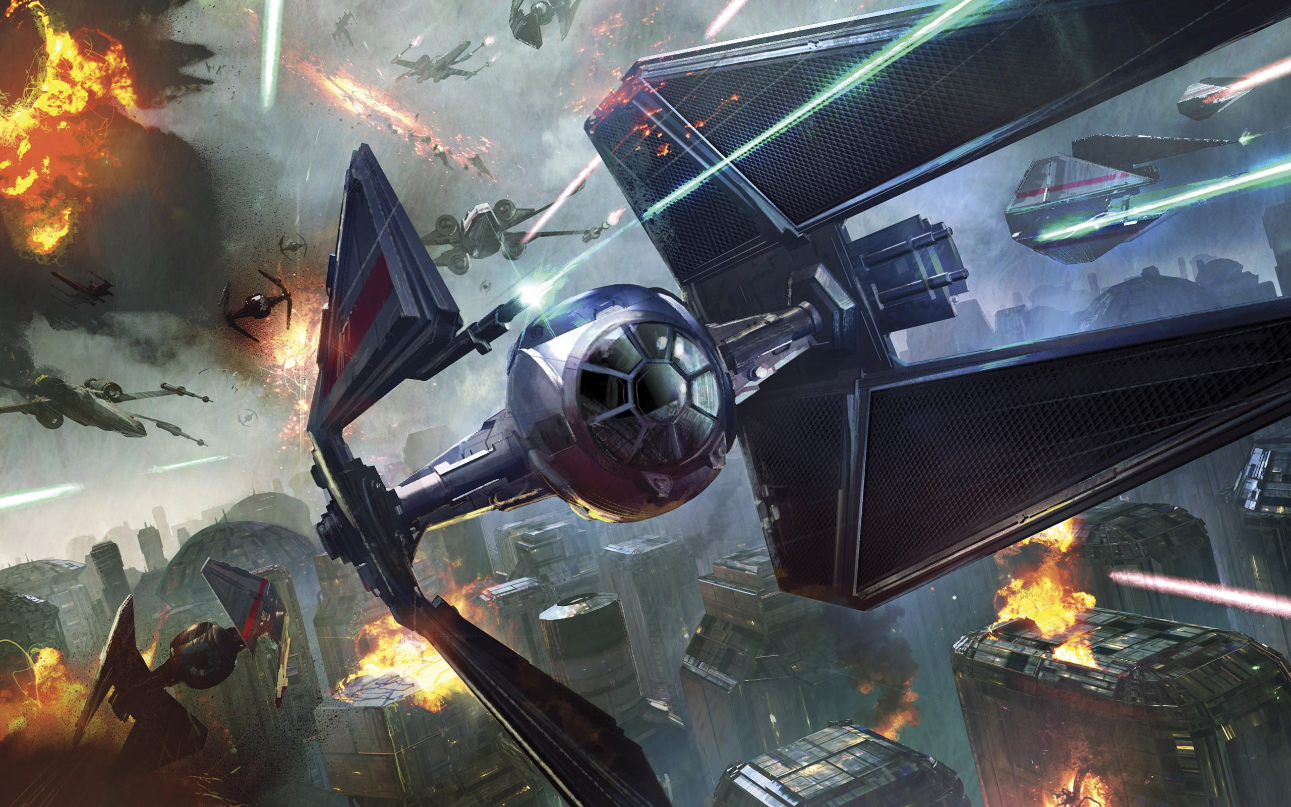 TIE Interceptor, Star Wars, battle, city, X-wing, 2K, artwork, HD Wallpaper
