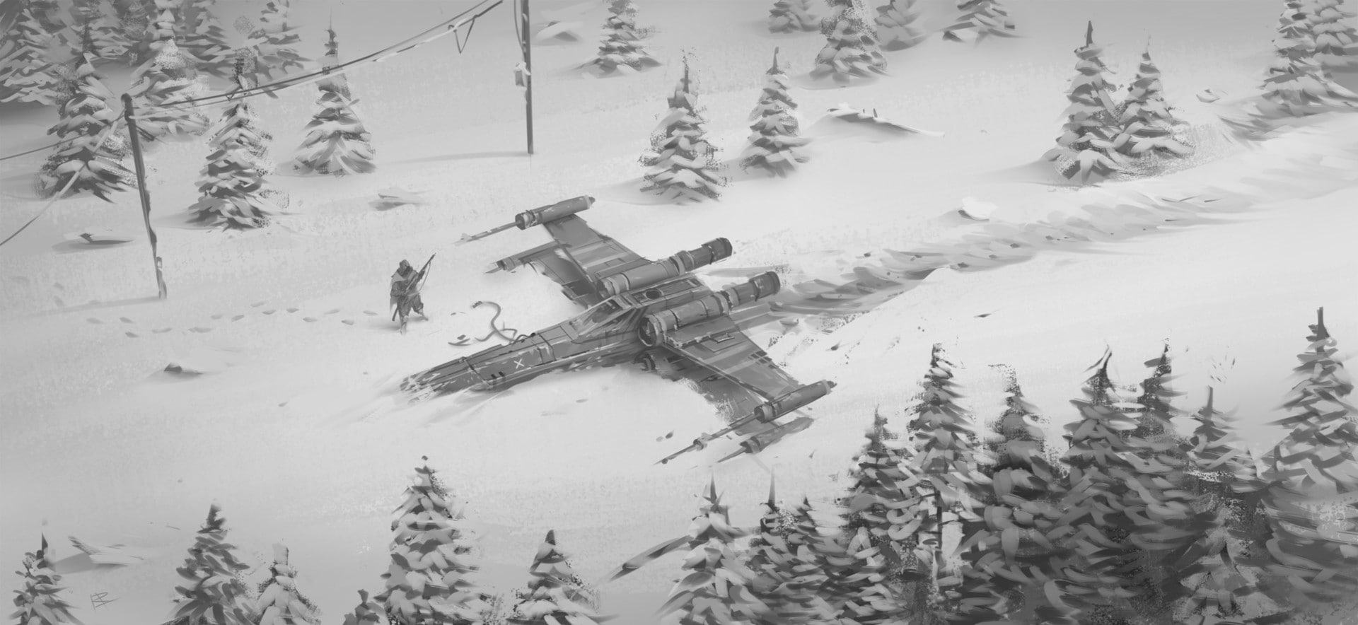 science fiction, Star Wars, trees, crash, X-wing, weapon, snow, environment, 1080P, HD Wallpaper