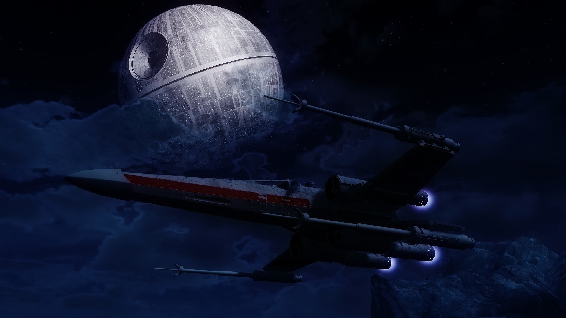 military, outdoors, artwork, one person, transportation, astronomy, nature, night, mode of transportation, conflict, X wing, travel, 1080P, Death Star, HD Wallpaper