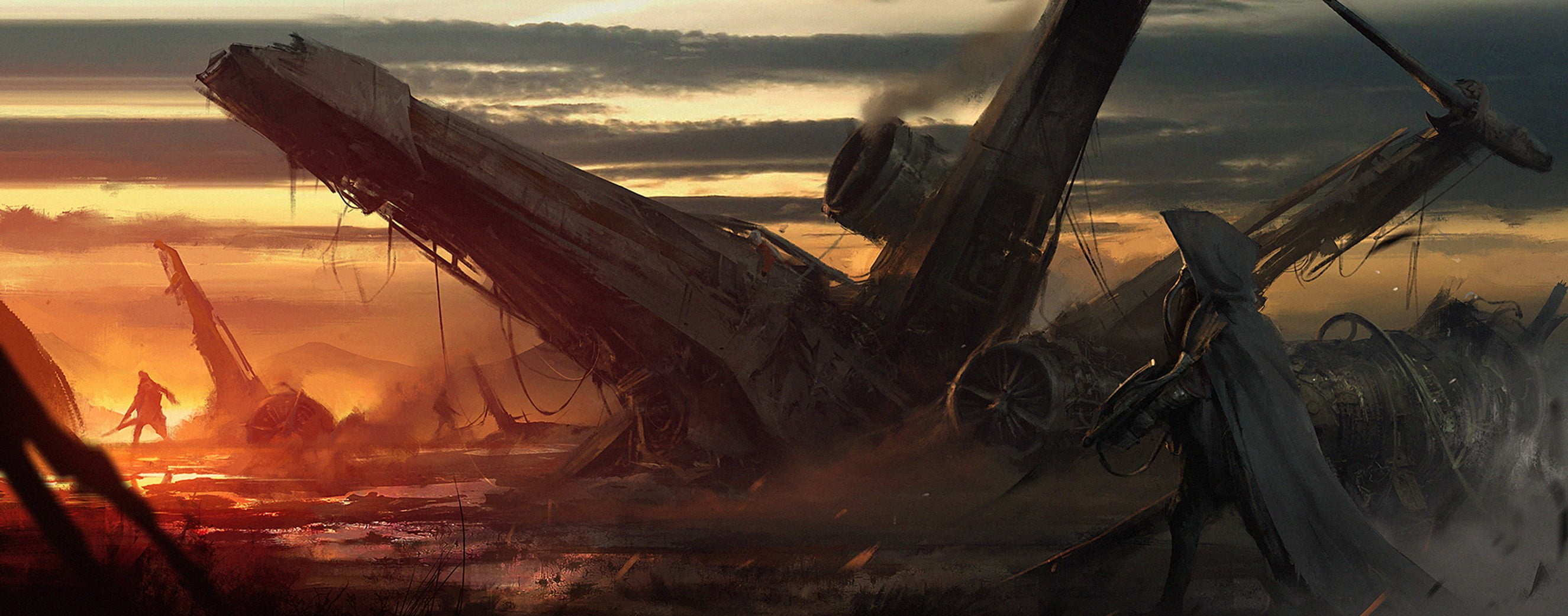 sunset, architecture, sky, dusk, ship, nature, shipwreck, occupation, industry, land, illustration, environment, X-wing, 2K, cloud - sky, wreck, wrecked, HD Wallpaper