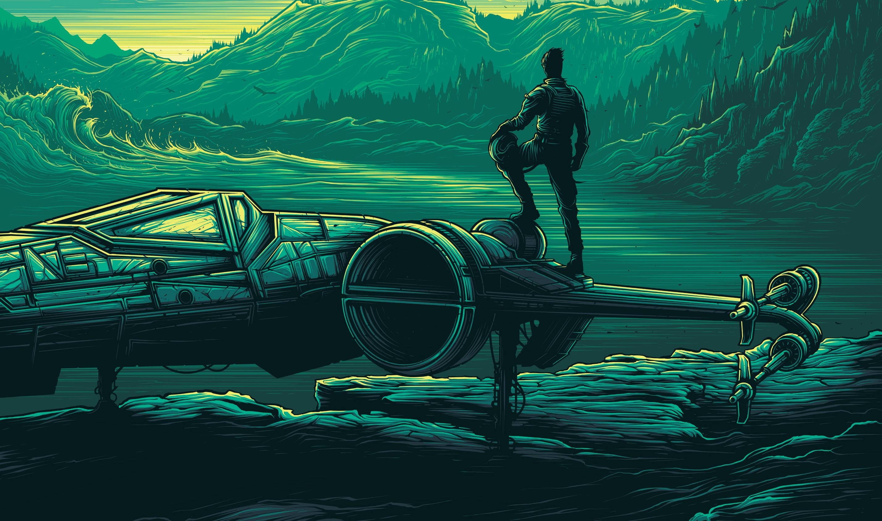forest, X-wing, green, waves, Dan Mumford, pastel, mountains, cyan, Star Wars, pilot, blue, 2K, HD Wallpaper