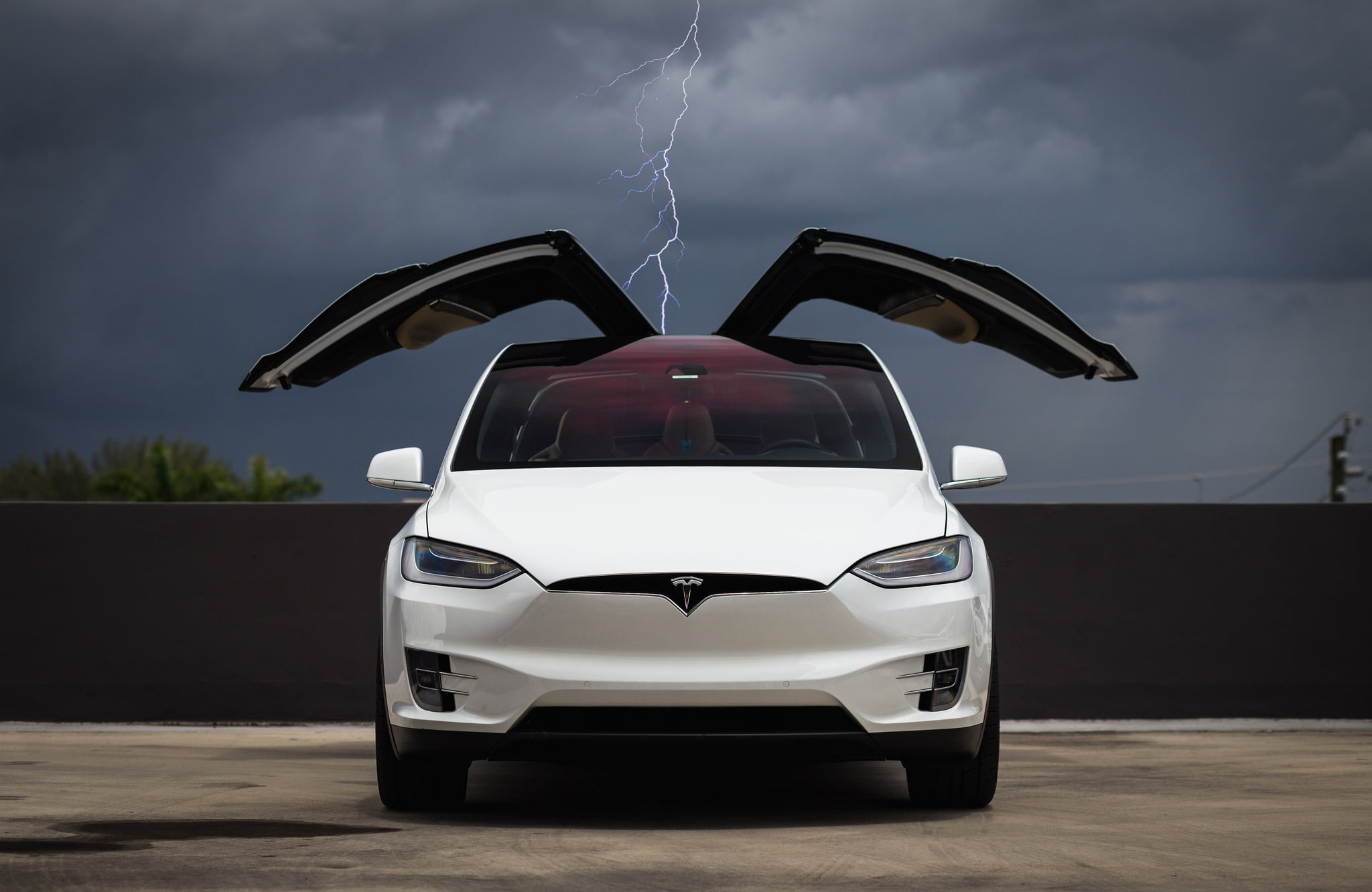 Tesla, Falcon, Model X, 1080P, Lighting, Electric Car, White, Clouds, Wing, HD Wallpaper