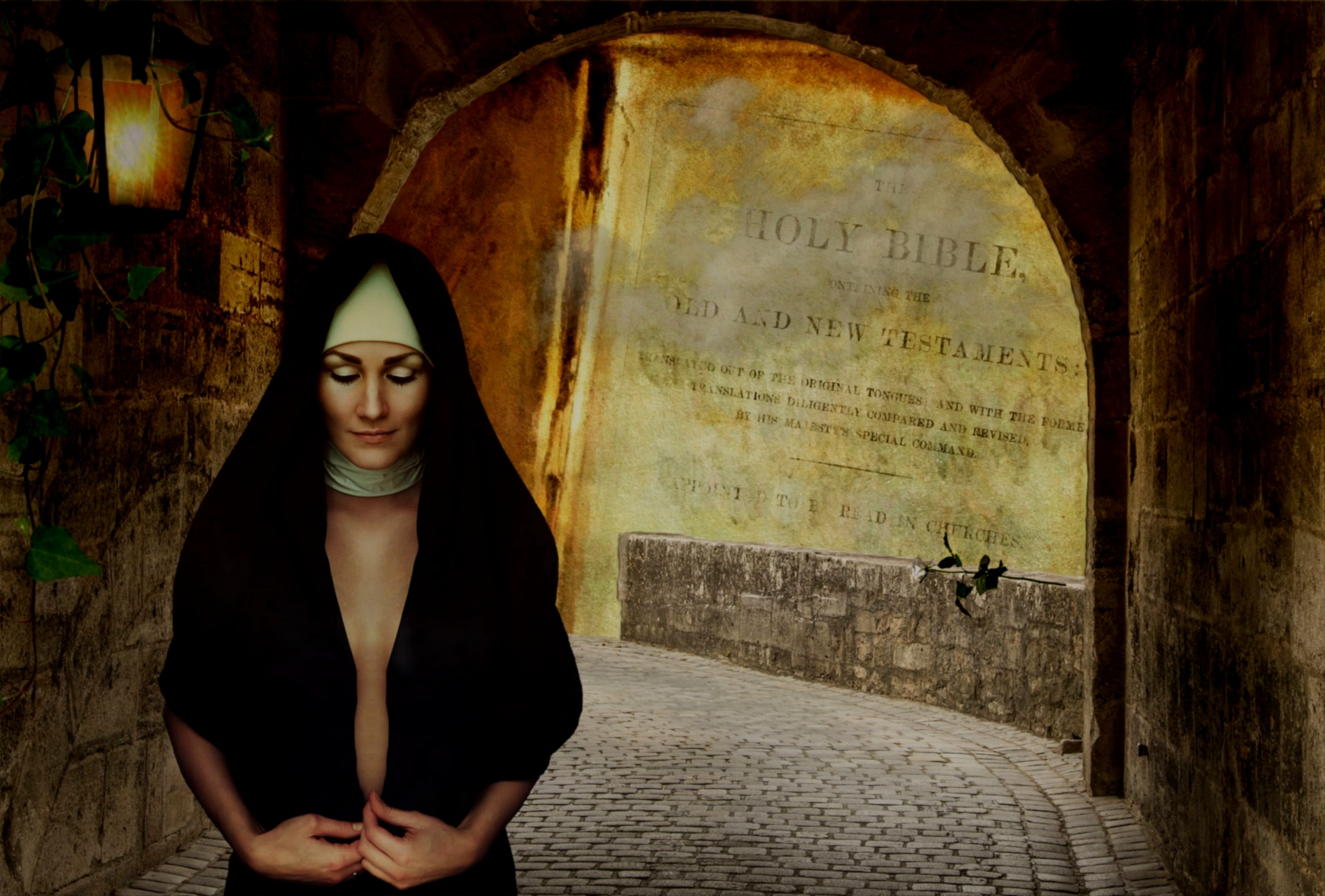 black, lantern, christianity, front view, dark, wearing, headdress, composing, inside, mood, nun, christian, young adult, symbol, three quarter length, HD Wallpaper