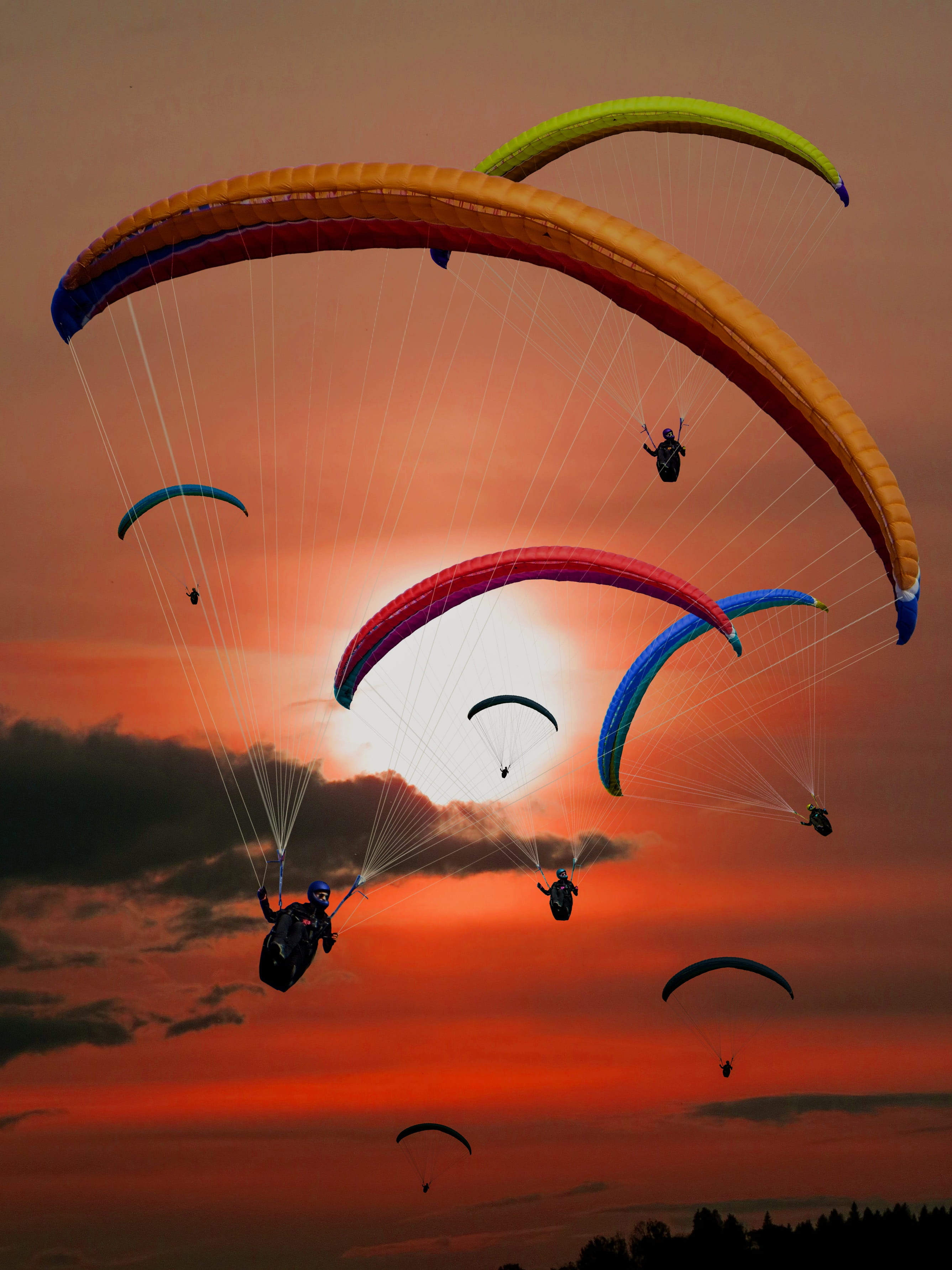 lifestyles, paragliding, parachutes, parachute, dawn, vitality, freedom, gliding, unrecognizable person, riding, leisure activity, exhilaration, sunrise, Phone HD Wallpaper