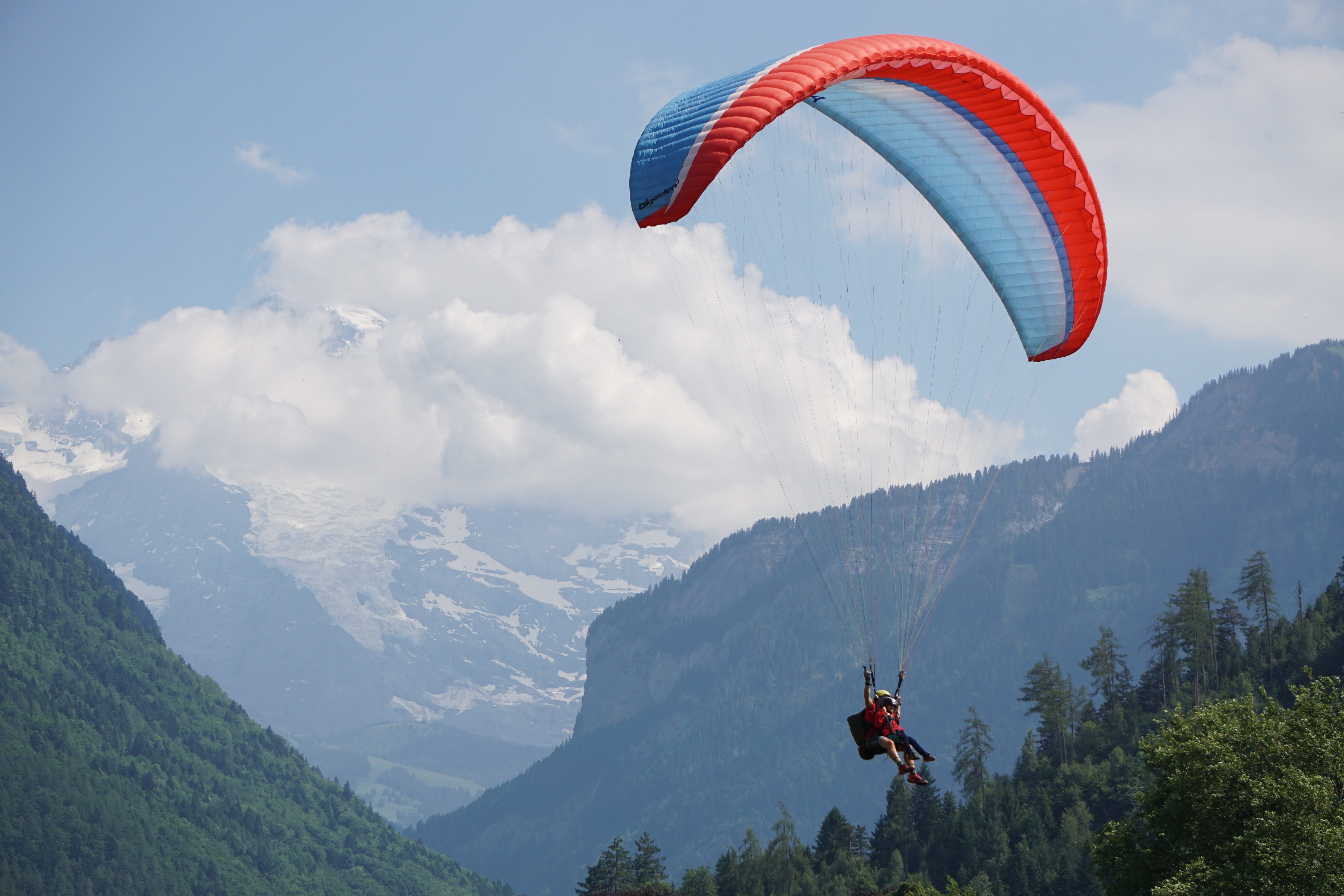 exhilaration, 5K, mountain, paragliding, interlaken, cloud - sky, mountain range, trees, outdoors, real people, switzerland, leisure activity, sport, freedom, HD Wallpaper