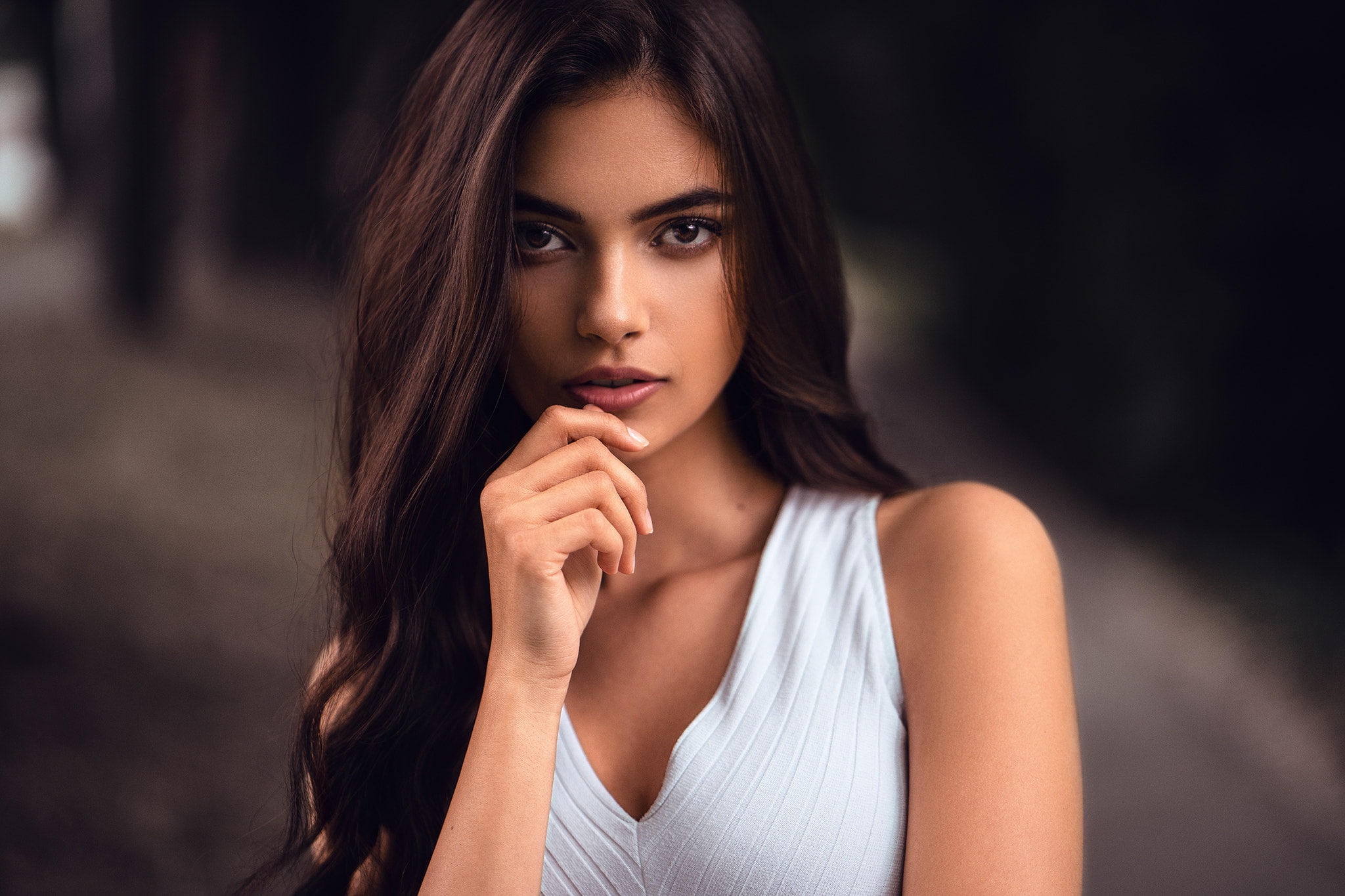 portrait, 1080P, women, pink lipstick, Laura Theresa, tanned, face, Anatoli Oskin, long hair, HD Wallpaper