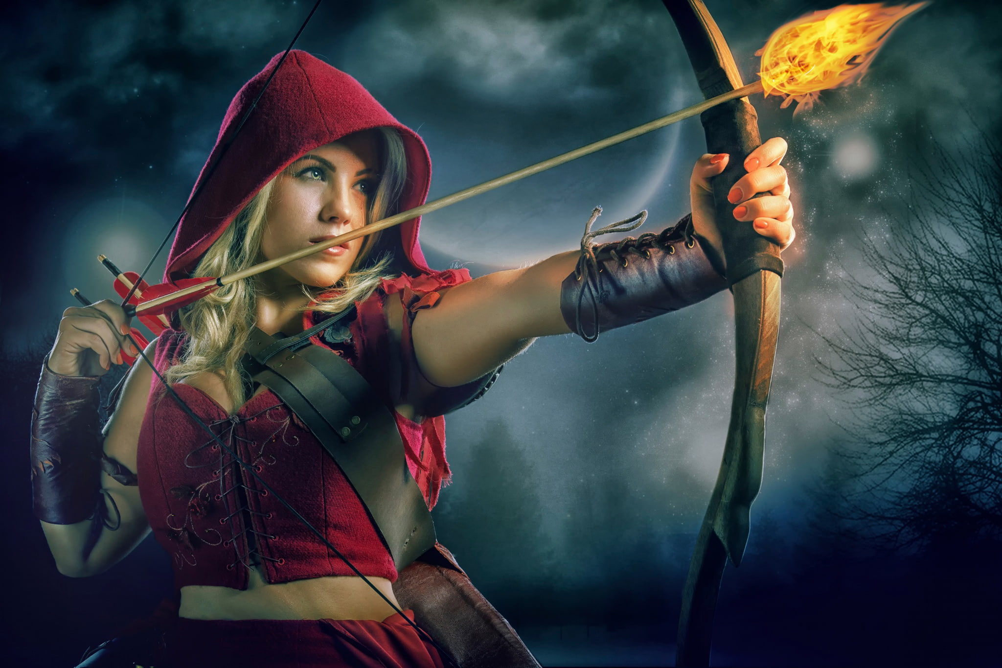 little red riding hood, bow, arrow, Theresa Louise, Red Riding Hood, 1080P, fire, HD Wallpaper