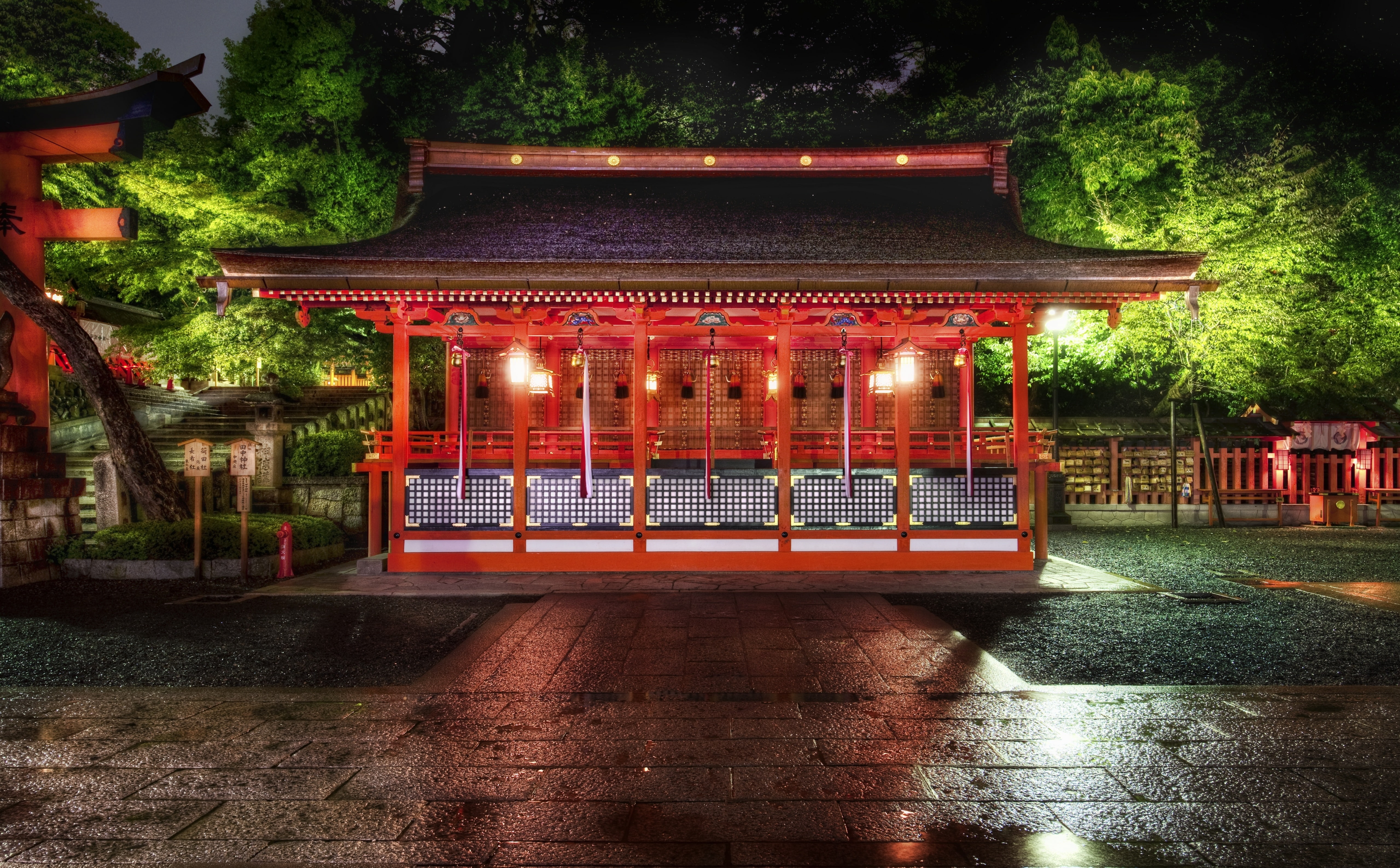 gazebo, Night, building exterior, lighting equipment, Japan, shrine, kyoto, architecture, plant, belief, religion, red, nature, Temple, spirituality, tree, HD Wallpaper