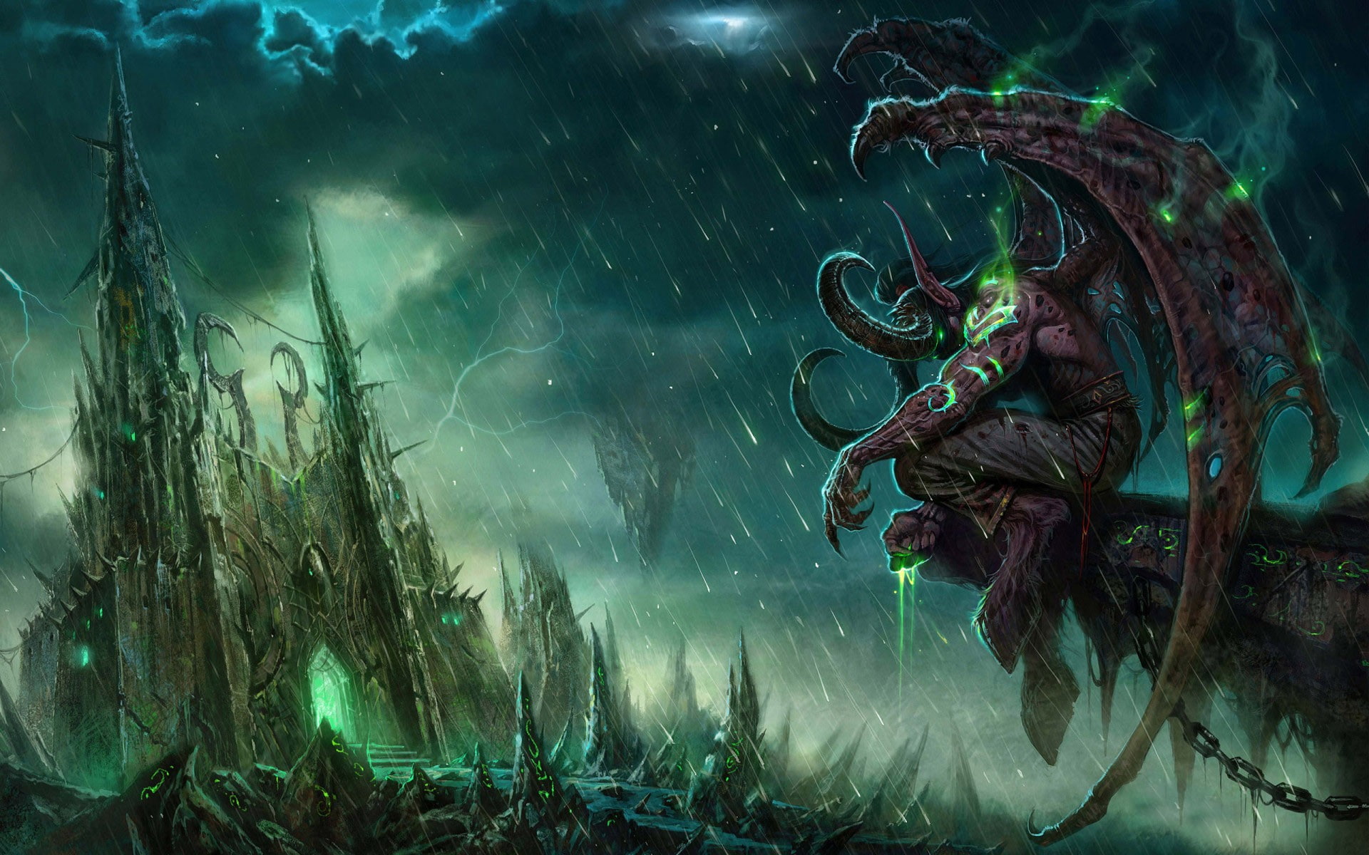 storm, horror, castle, demon, Illidan Stormrage, fan art, chains, blood, Devil, rain, creature, 1080P, pixelated, Illidan, digital art, Black Temple, artwork, HD Wallpaper