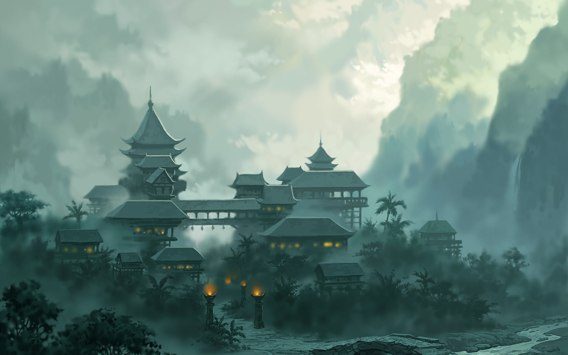 city, gray, 1080P, hd, temple, fantasy, black, illustration, HD Wallpaper