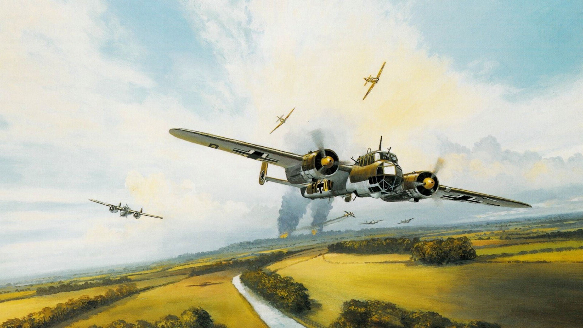 aviation battle, outdoors, raid, 1080P, Mark, brown, Battle of Britain, air vehicle, plane, transportation, leaving, bomber, sky, cloud - sky, mode of transportation, HD Wallpaper