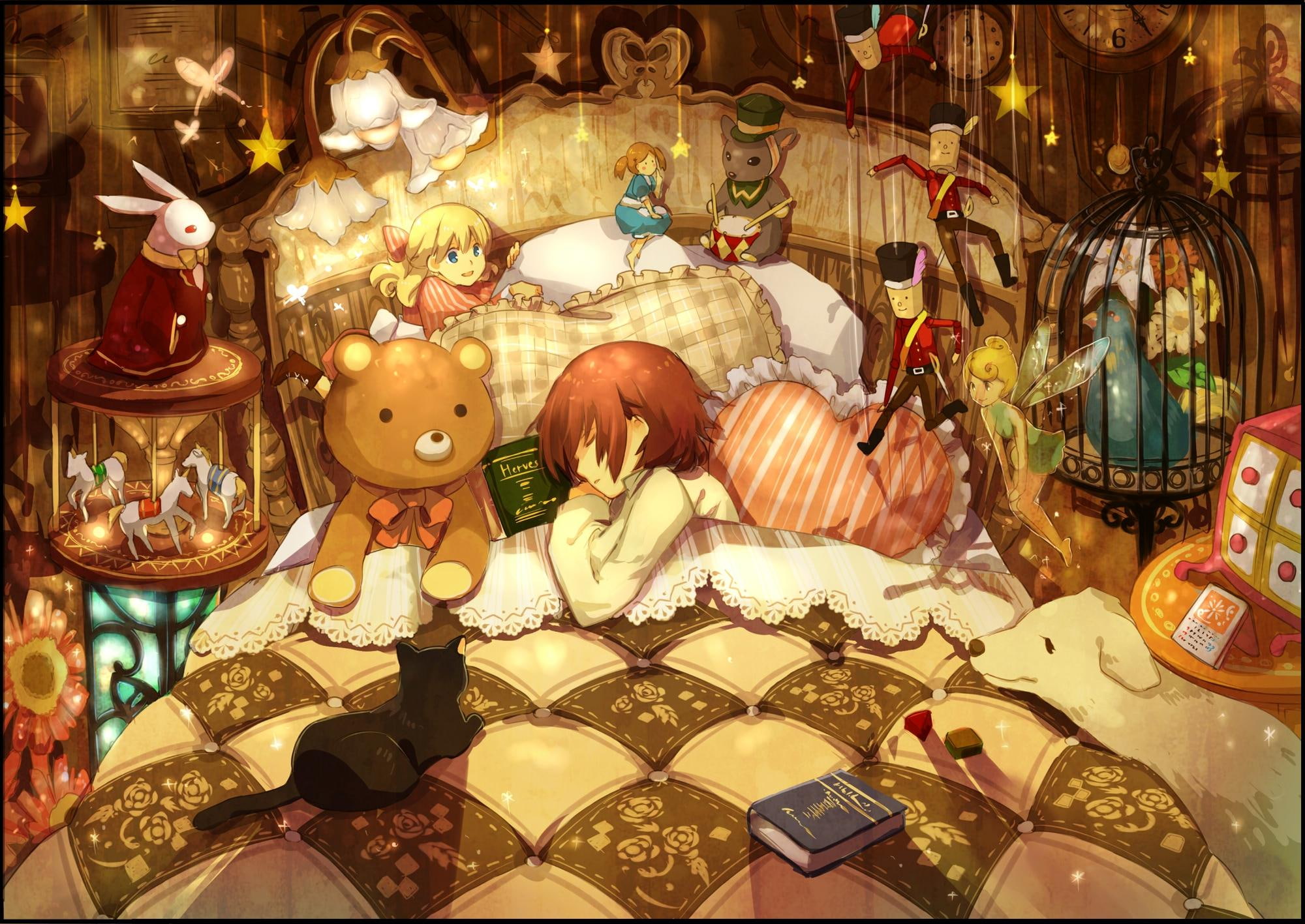 3d and abstract, buddies, tinker bell, sleeping, cage, bird, rabbit, teddy, book, 1080P, HD Wallpaper