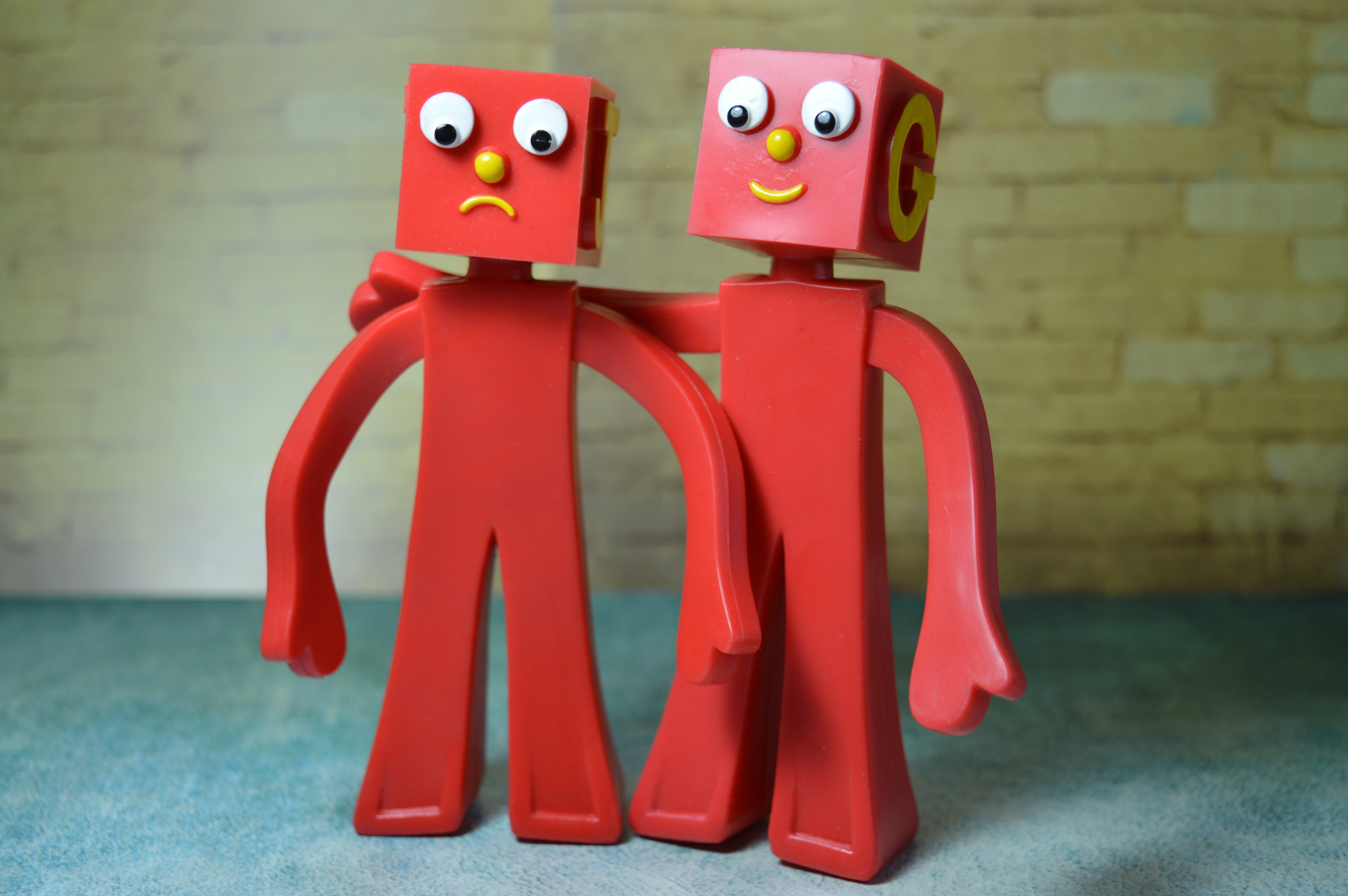 friend, indoors, brick, happy, technology, red, creativity, no people, supportive, 5K, pals, buddies, plastic, human representation, still life, photo, HD Wallpaper