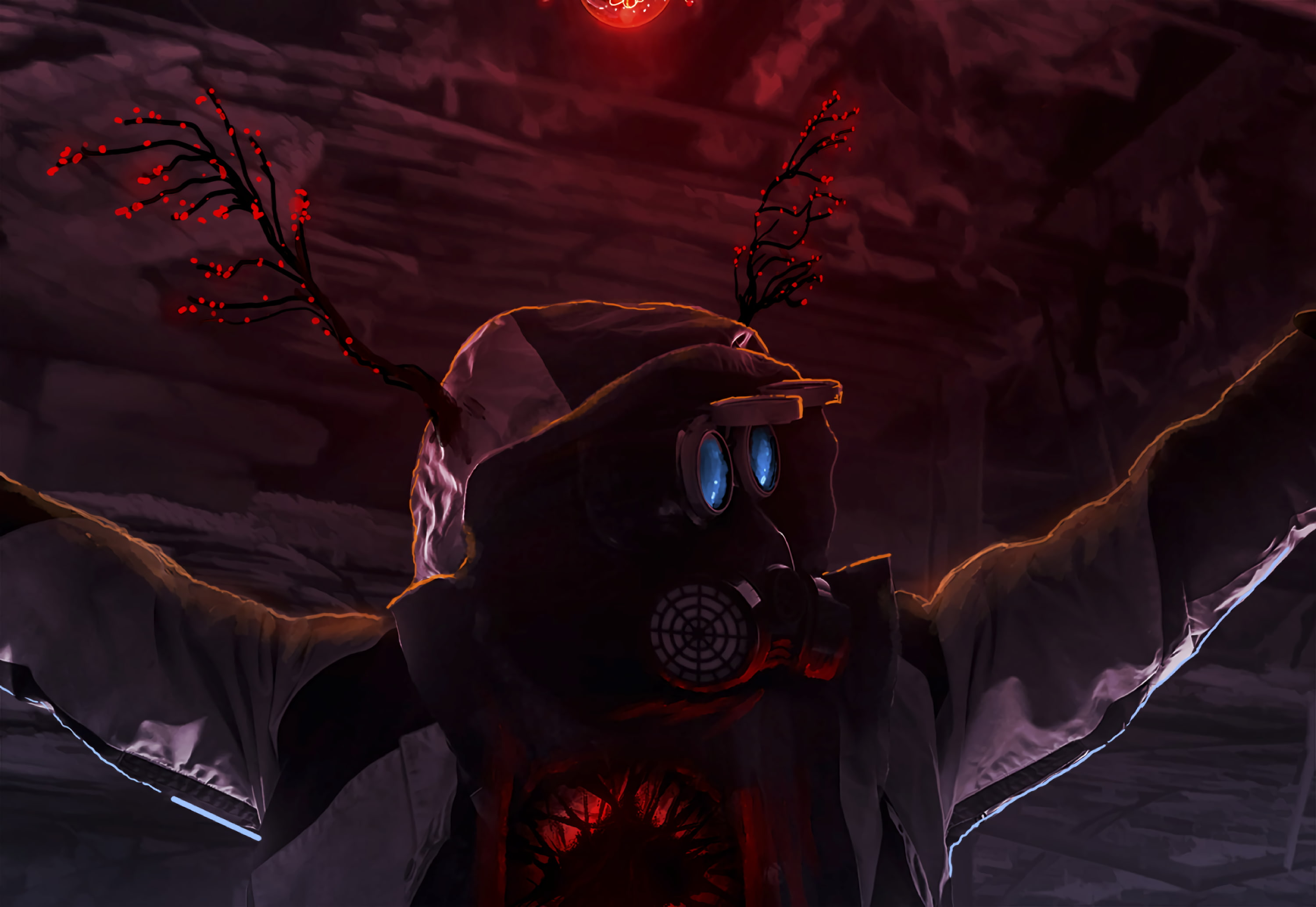 2K, respirator, gas mask, dark, mask, red, art, HD Wallpaper