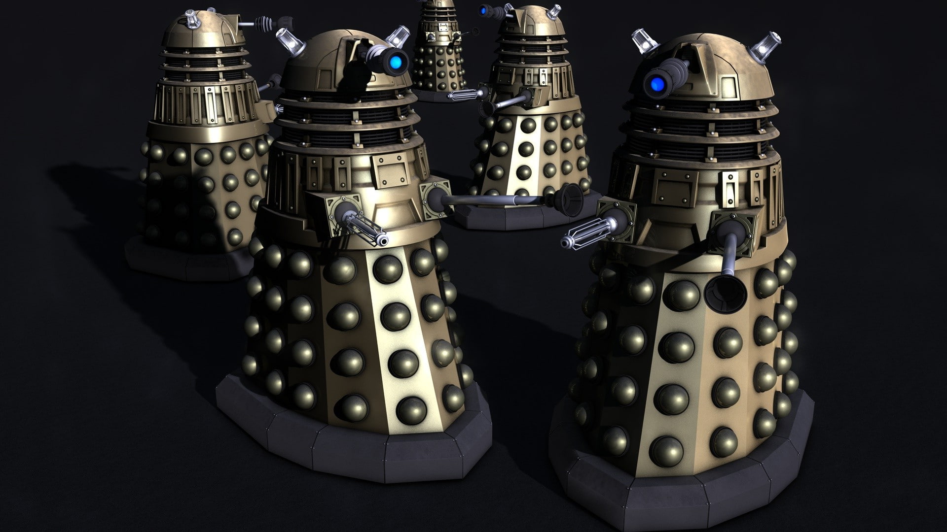 ornate, two objects, 1080P, silver colored, security, metal, large group of objects, indoors, weapon, ancient civilization, black background, doctor who, HD Wallpaper