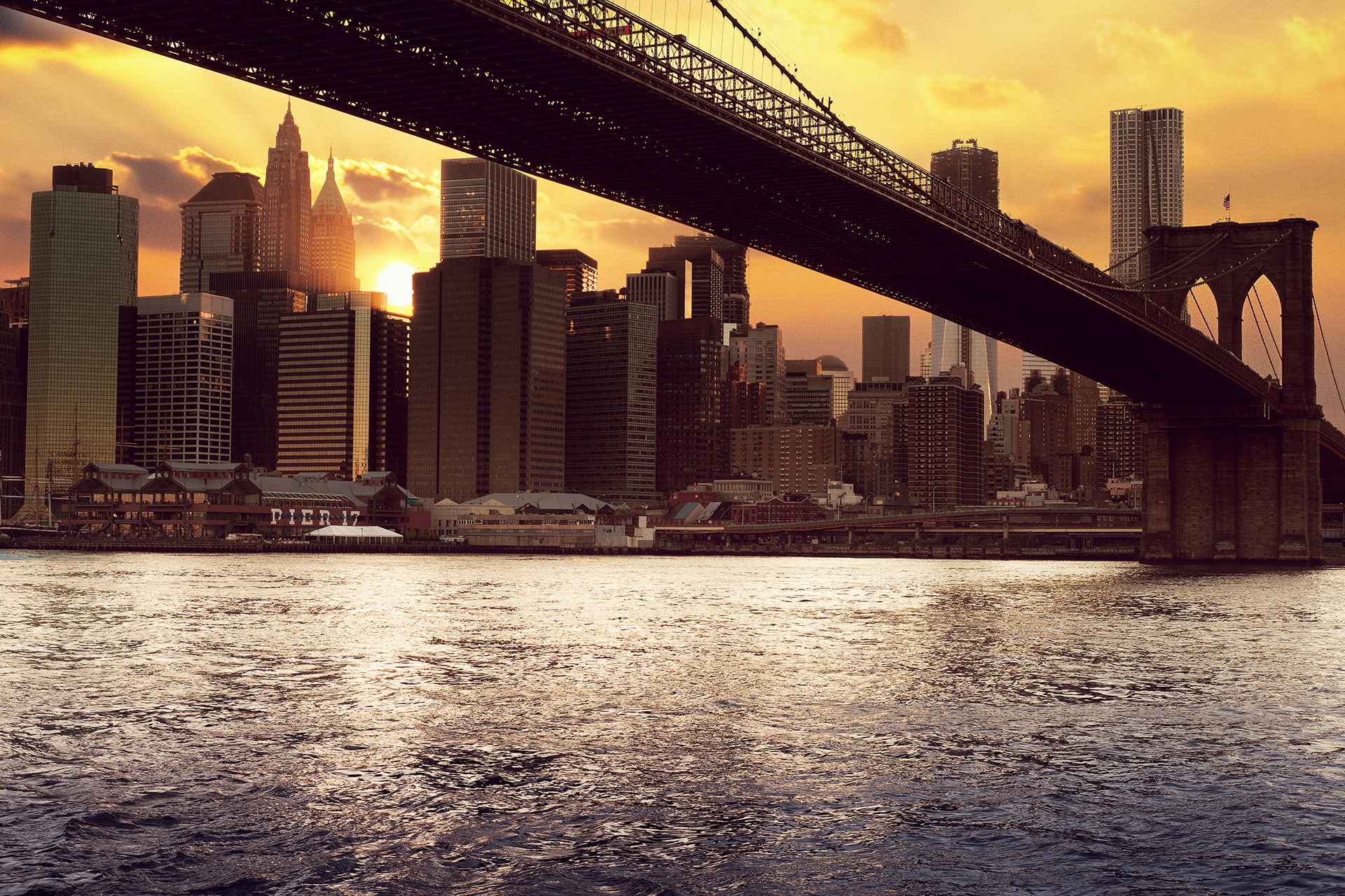 brooklyn Bridge, the city, cityscape, sunrise, new York City, urban Skyline, office Building, tower, transportation, harbor, travel Destinations, new York State, HD Wallpaper