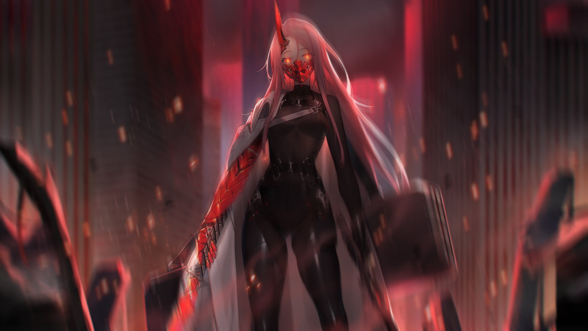 pink hair, sword, anime girls, long hair, anime, 1080P, cloack, red eyes, mask, HD Wallpaper