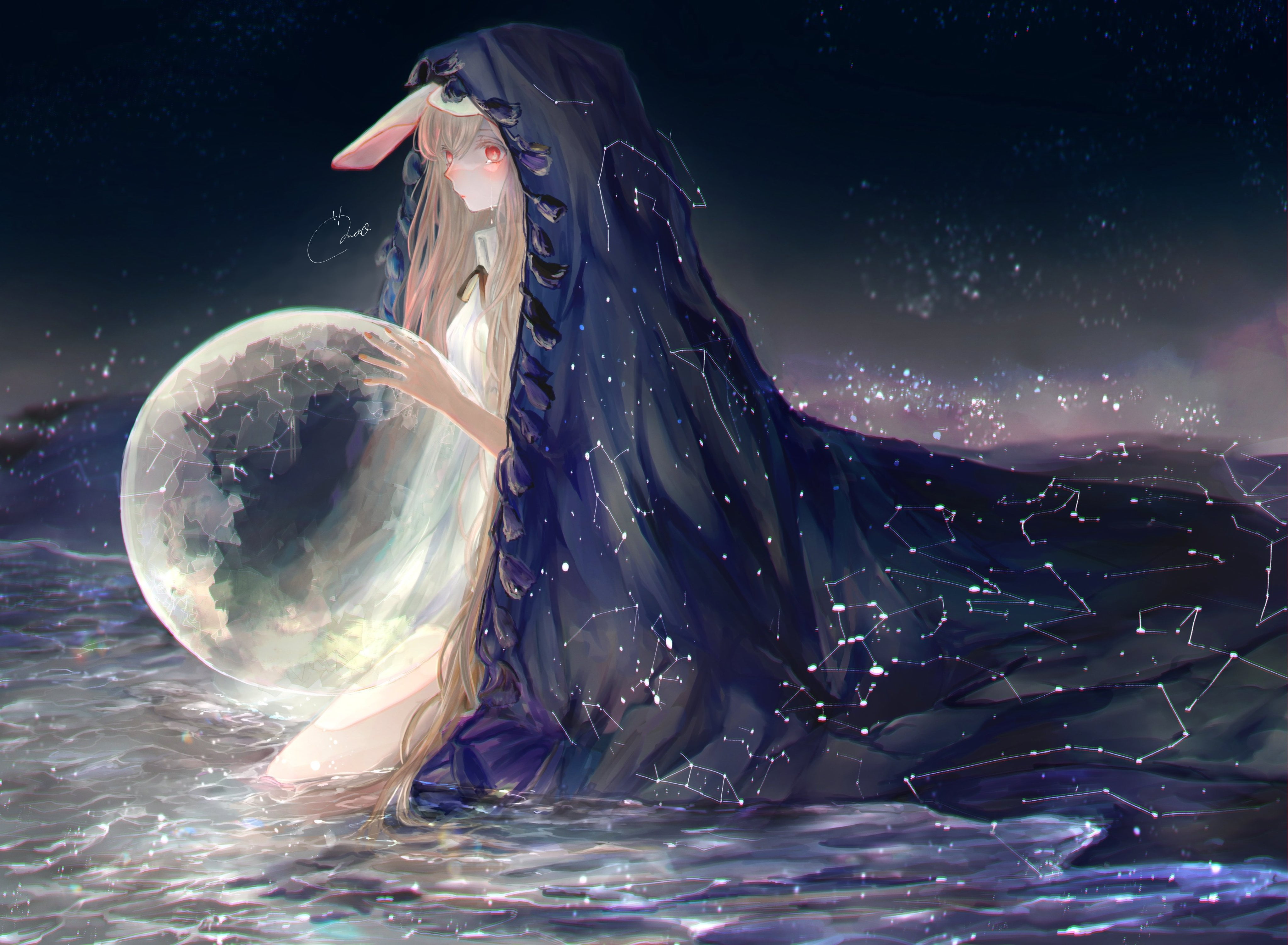 space, long hair, blonde, 4K, anime girls, bunny ears, red eyes, planet, cloack, stars, in water, anime, HD Wallpaper
