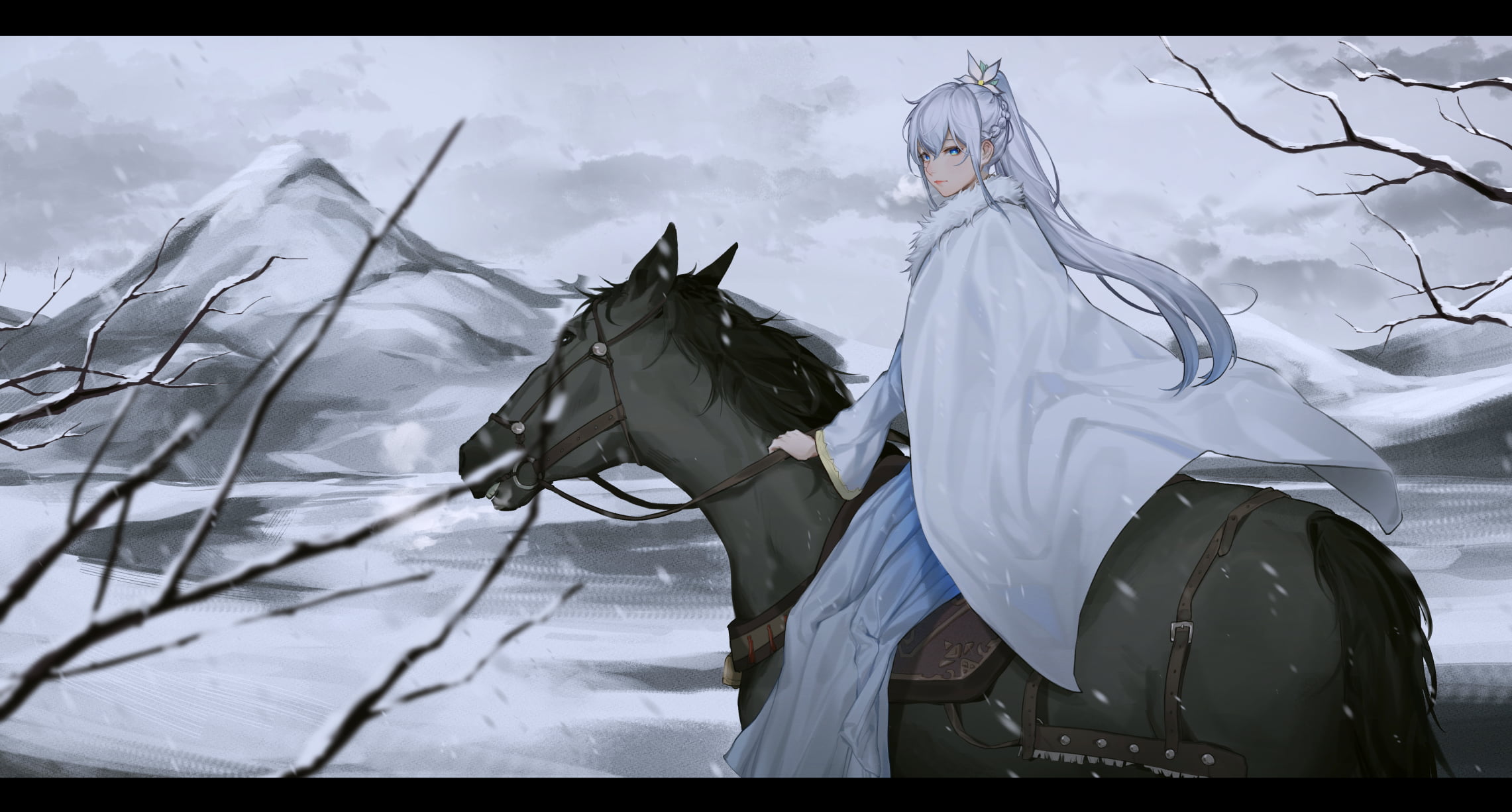 mountains, blonde, 1080P, flower in hair, winter, anime girls, snow, long hair, anime, cloack, blue eyes, horse, HD Wallpaper