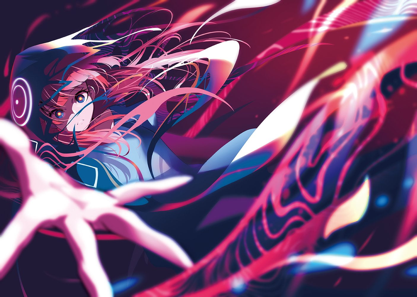 anime, cloack, blue eyes, depth of field, looking at viewer, ribbons, 720P, pink hair, anime girls, long hair, HD Wallpaper