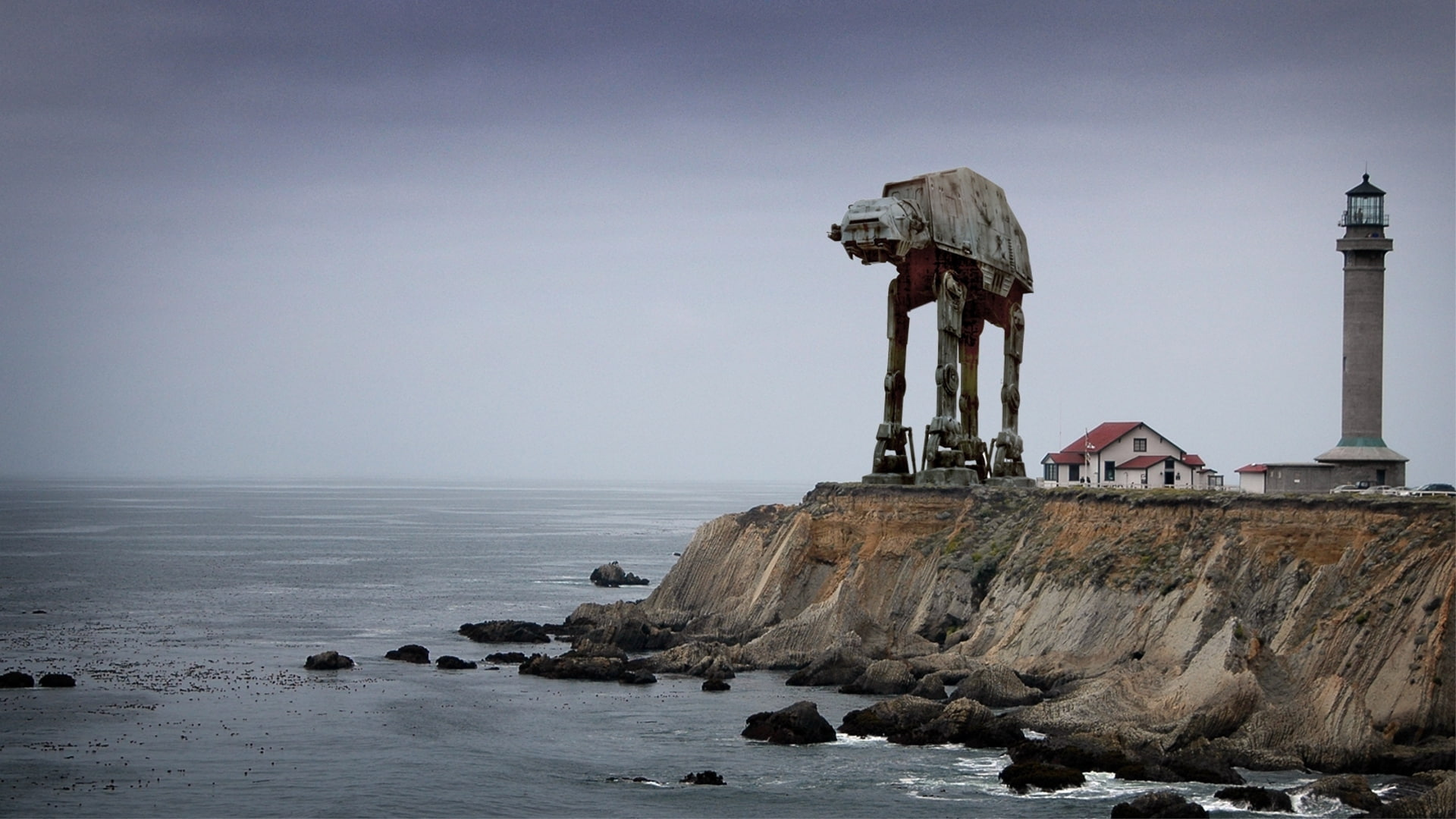 space, star, sad, stars, conception, point, lighthouse, wars, 1080P, atat, art, photomanipulations, sea, Star Wars, x, hd, HD Wallpaper