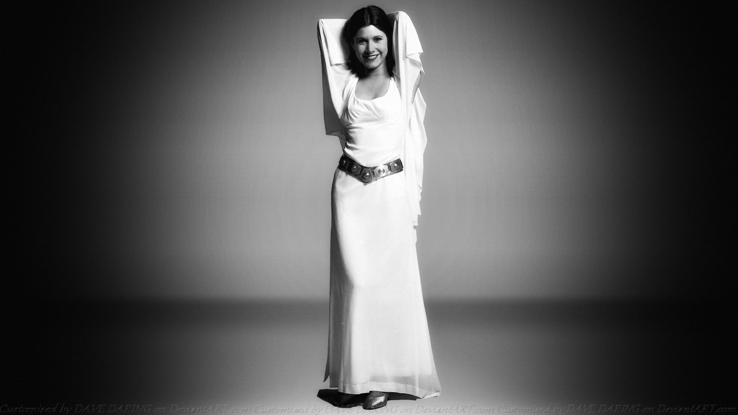 Star Wars, monochrome, beautiful woman, looking at camera, fashion, women, portrait, full length, clothing, Princess Leia, standing, lifestyles, arms up, HD Wallpaper