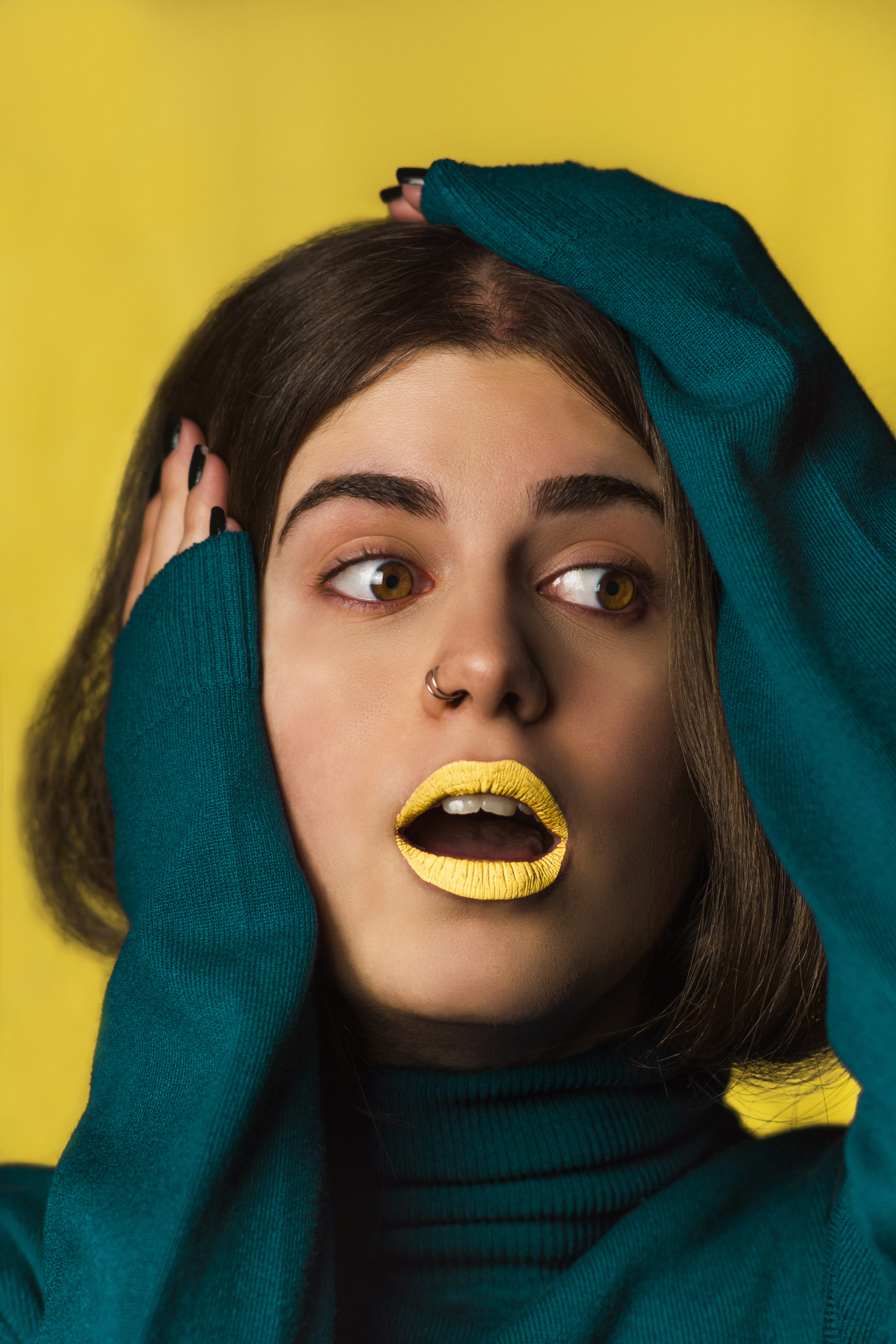 human body part, close-up, one person, young adult, mouth open, 5K, makeup art, looking at camera, eye, colored background, hair, contrast, lipstick, face, Phone HD Wallpaper