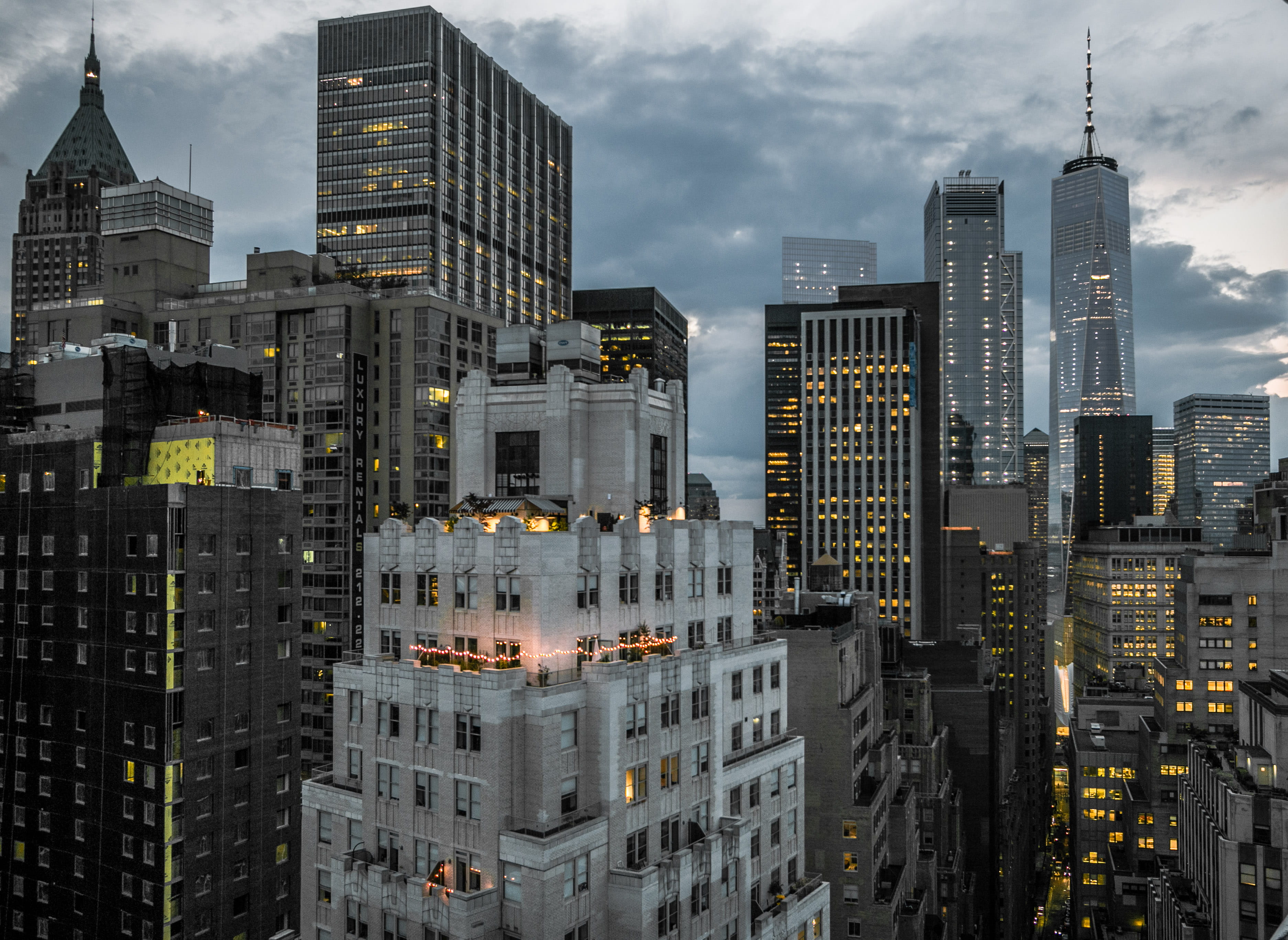 views, lights, night, landscape, nature, buildings, new york, tribeca, cloud - sky, residential district, world trade center, spire, skyscraper, HD Wallpaper