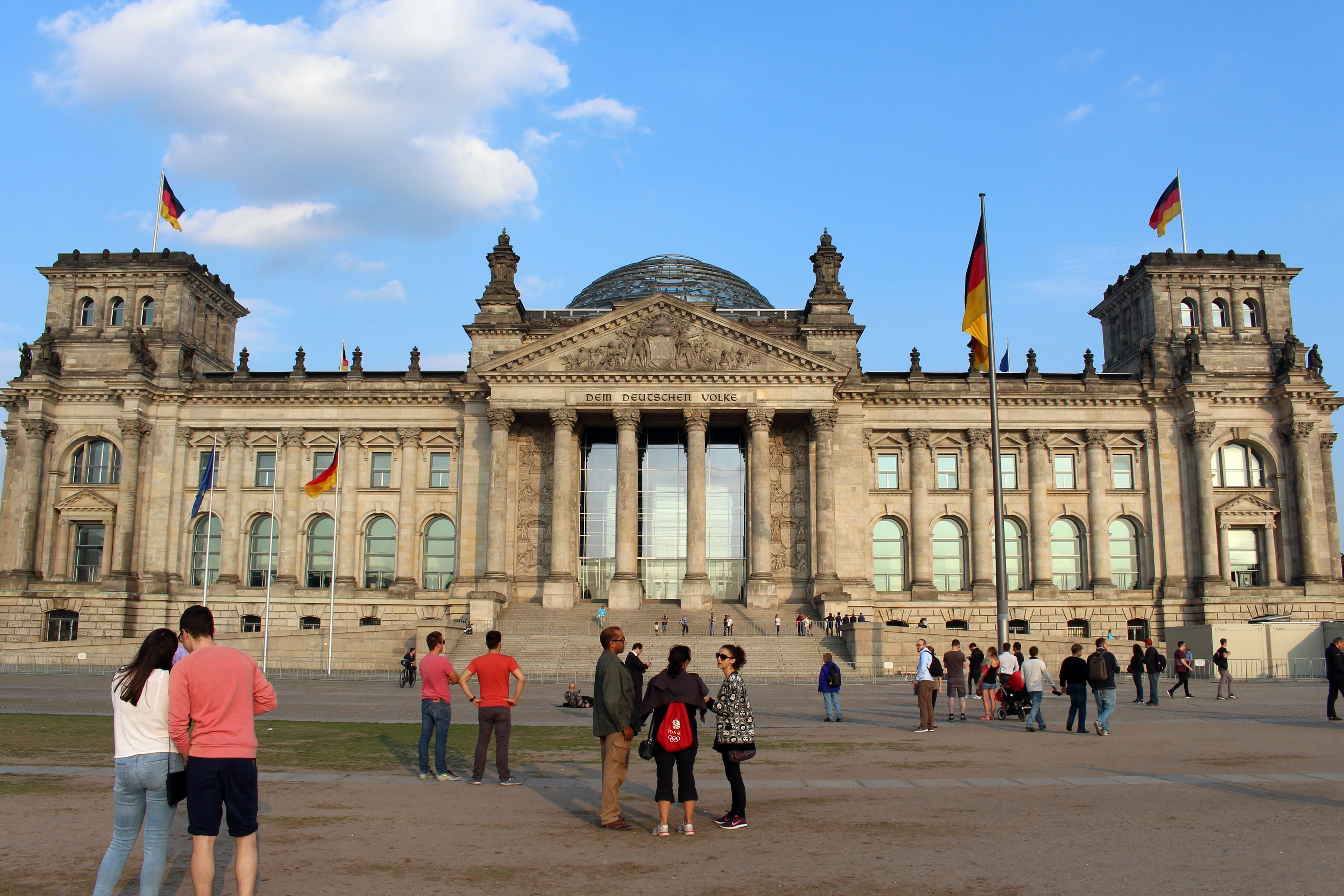 crowd, tourism, building exterior, travel destinations, travel, inscription, flag, city trip, parliament, 2K, glass dome, Reichstag, city, large group of people, HD Wallpaper