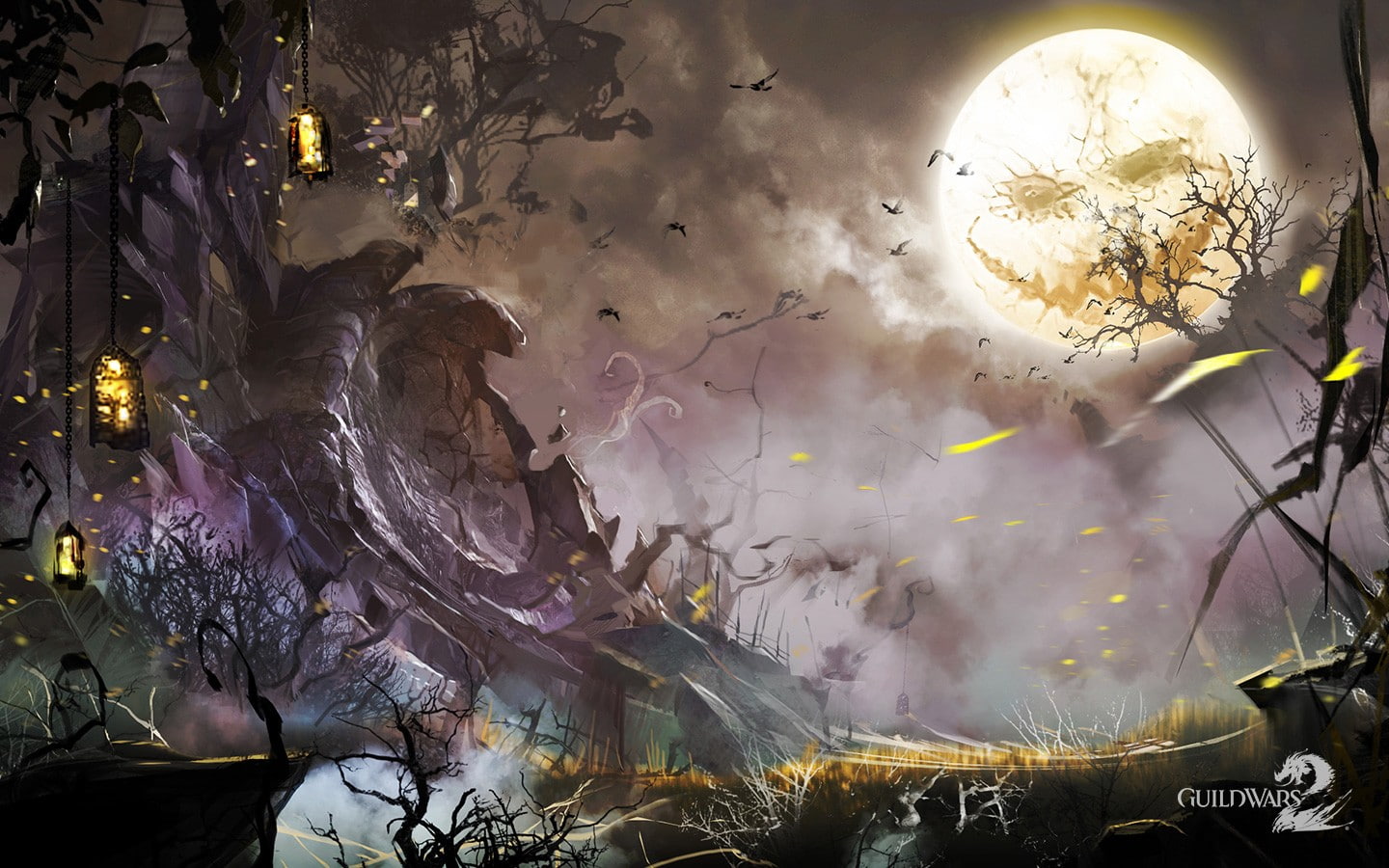 architecture, night, celebration, branch, plant, tree, celebration event, Guildwars 2, lighting equipment, 720P, decoration, video games, illuminated, HD Wallpaper