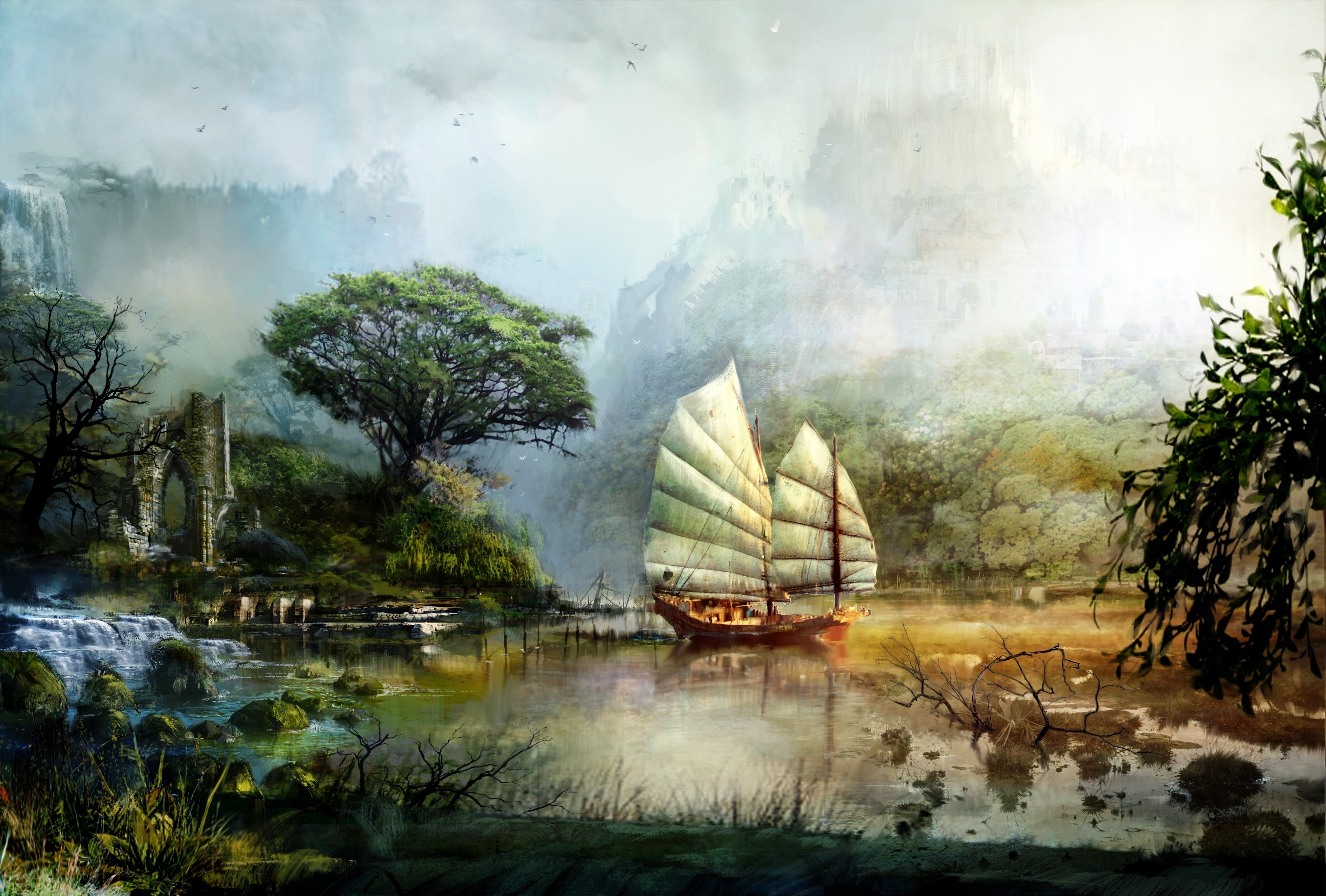 reflection, trees, fog, boat, built structure, tranquility, sky, concept art, tree, architecture, tranquil scene, no people, Guild Wars 2, lake, plant, HD Wallpaper