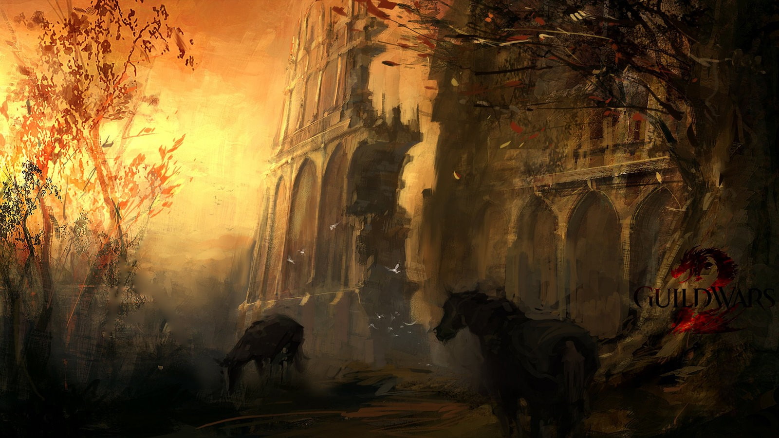 tourism, travel destinations, group of people, lifestyles, sunset, people, nature, Ascalon-Catacombs, day, architecture, building exterior, Guild Wars 2, HD Wallpaper